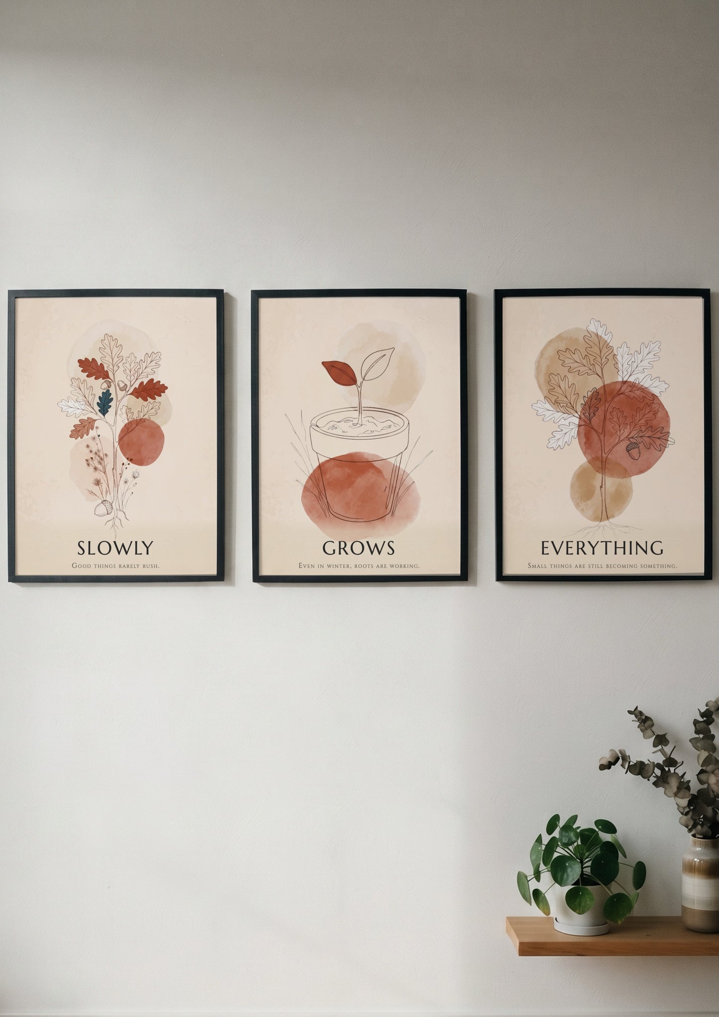 Poster triptych featuring botanical sketches and terracotta circles with the text everything grows slowly