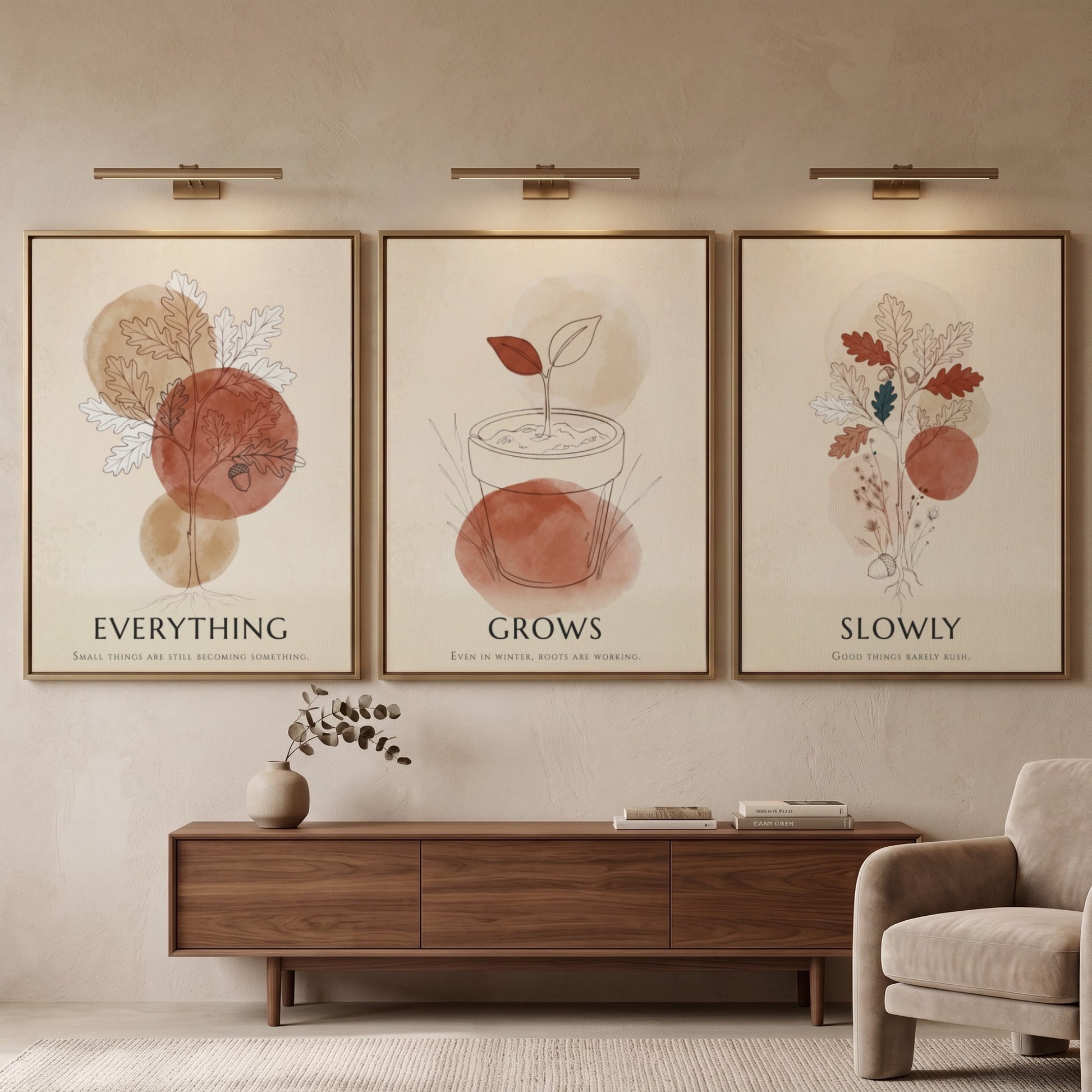 Poster triptych featuring botanical sketches and terracotta circles with the text everything grows slowly