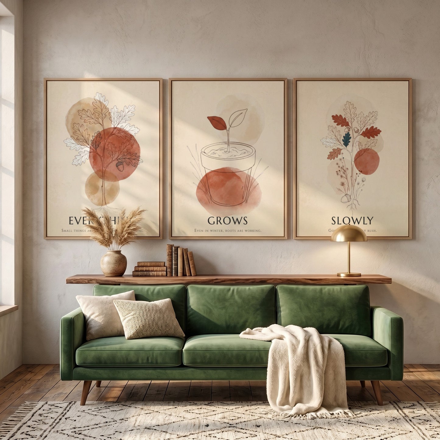 Poster triptych featuring botanical sketches and terracotta circles with the text everything grows slowly
