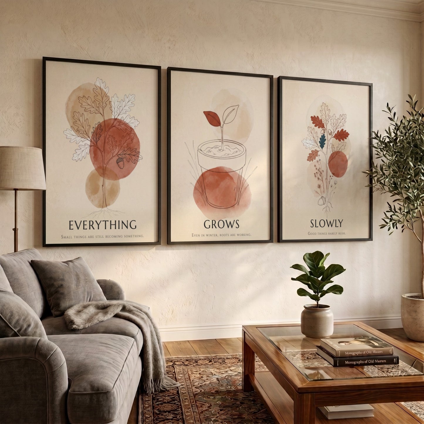 Poster triptych featuring botanical sketches and terracotta circles with the text everything grows slowly