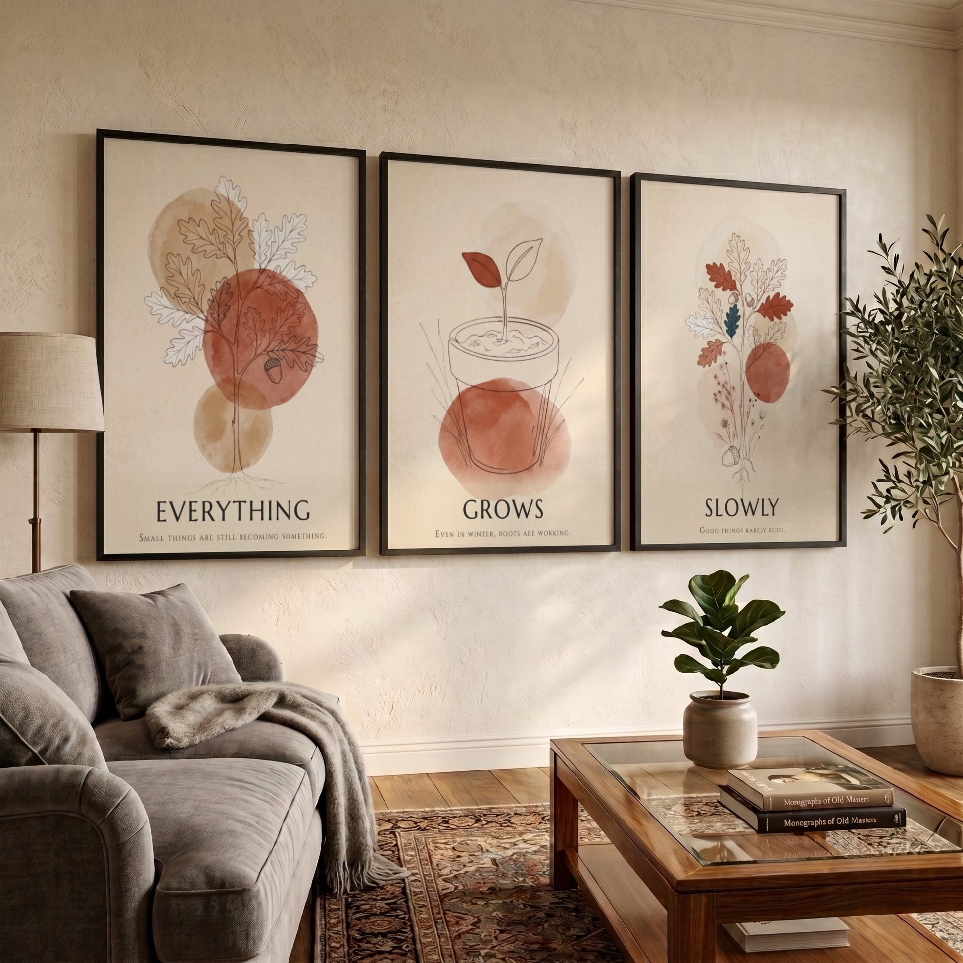 Poster triptych featuring botanical sketches and terracotta circles with the text everything grows slowly