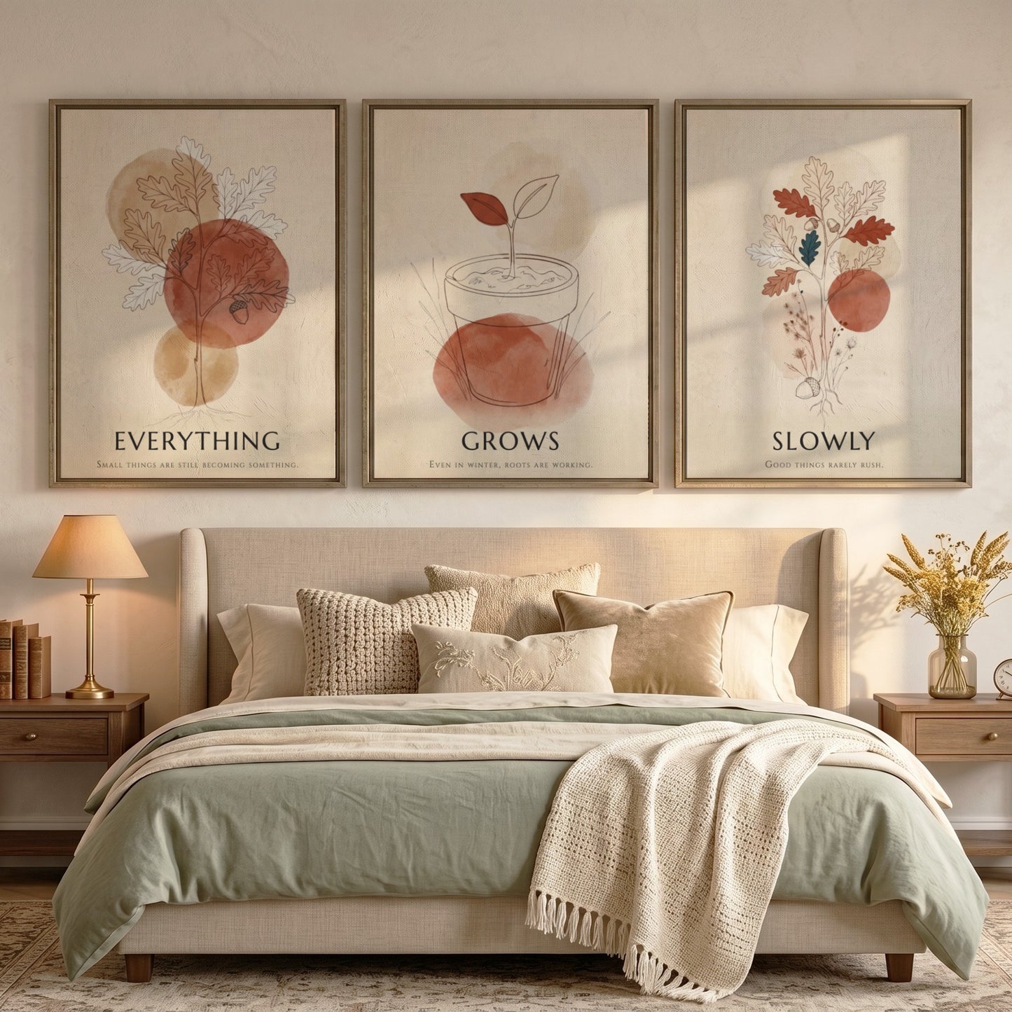 Poster triptych featuring botanical sketches and terracotta circles with the text everything grows slowly