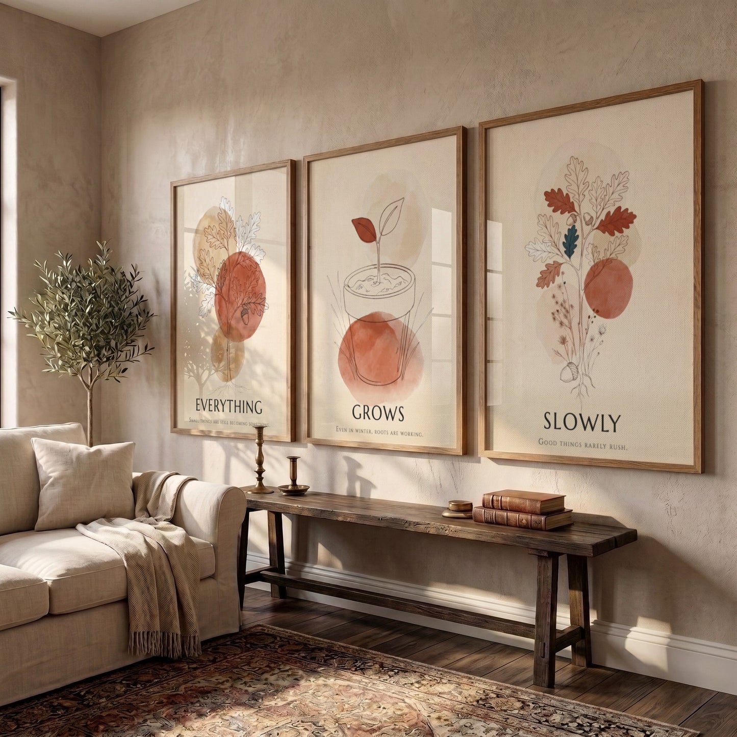 Poster triptych featuring botanical sketches and terracotta circles with the text everything grows slowly