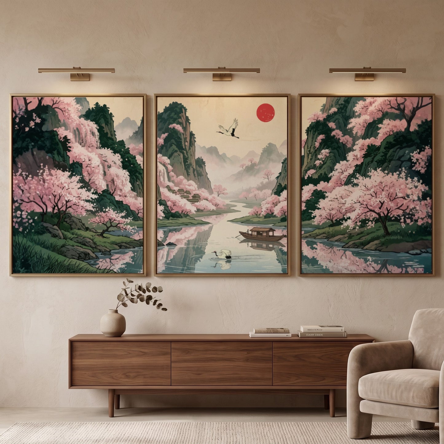 Three framed Japanese landscape panels featuring pink cherry blossoms, a river, and mountains.