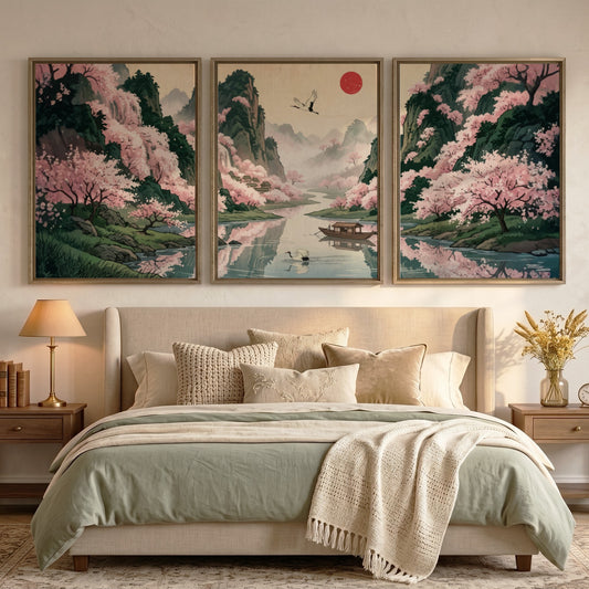 Three framed Japanese landscape panels featuring pink cherry blossoms, a river, and mountains.
