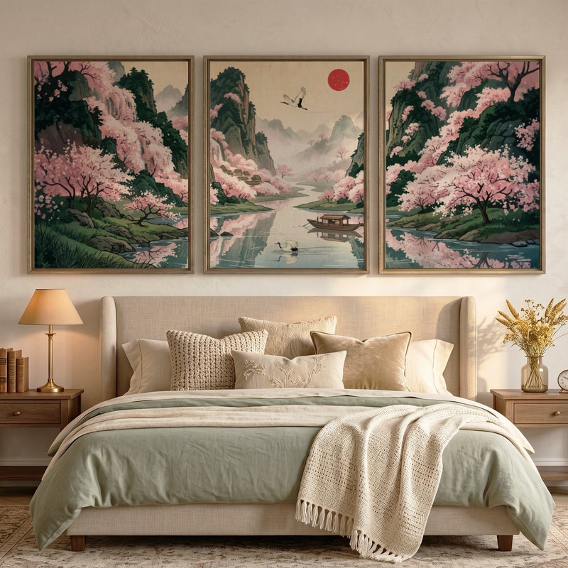 Three framed Japanese landscape panels featuring pink cherry blossoms, a river, and mountains.
