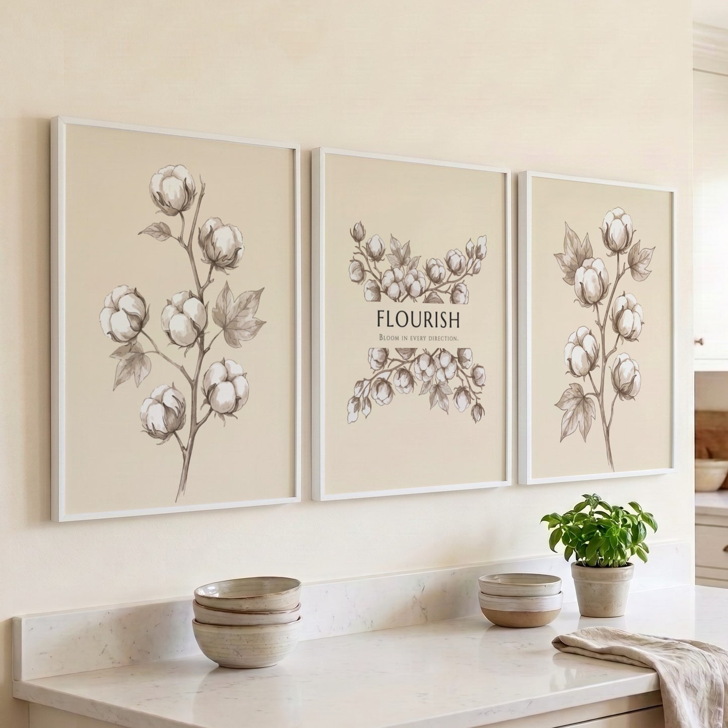 Poster set featuring delicate cotton bolls on a warm cream background with Flourish text