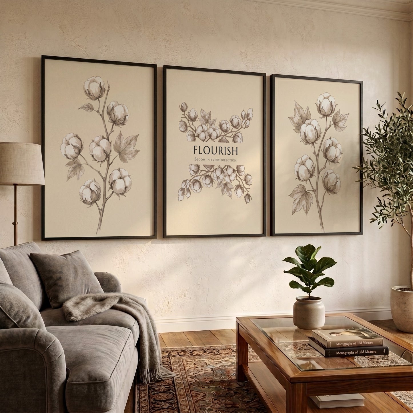 Poster set featuring delicate cotton bolls on a warm cream background with Flourish text