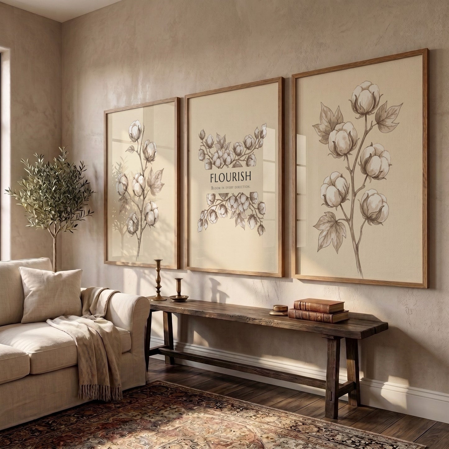 Poster set featuring delicate cotton bolls on a warm cream background with Flourish text
