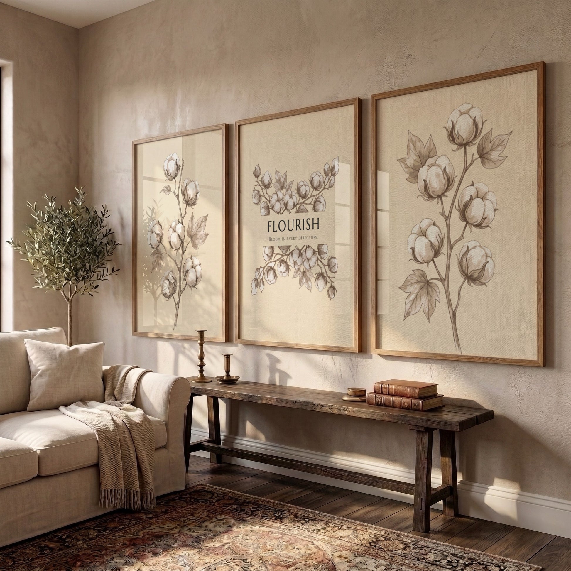 Poster set featuring delicate cotton bolls on a warm cream background with Flourish text