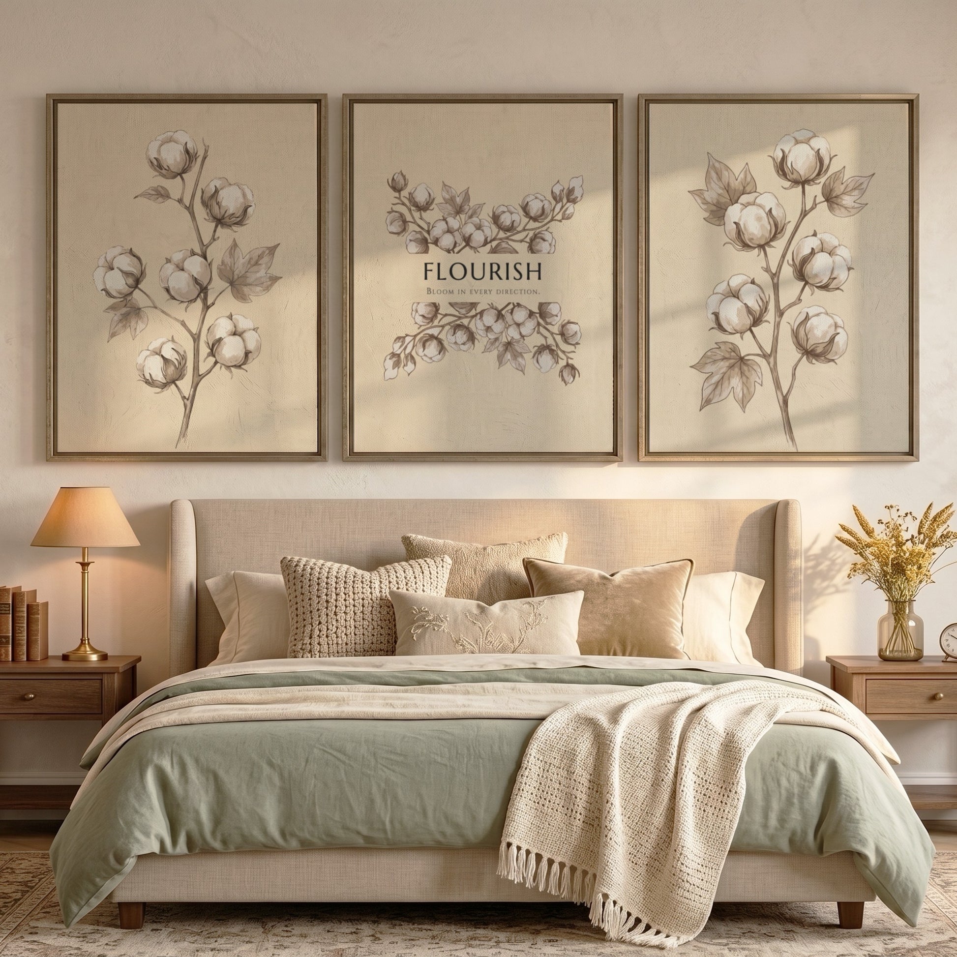 Poster set featuring delicate cotton bolls on a warm cream background with Flourish text