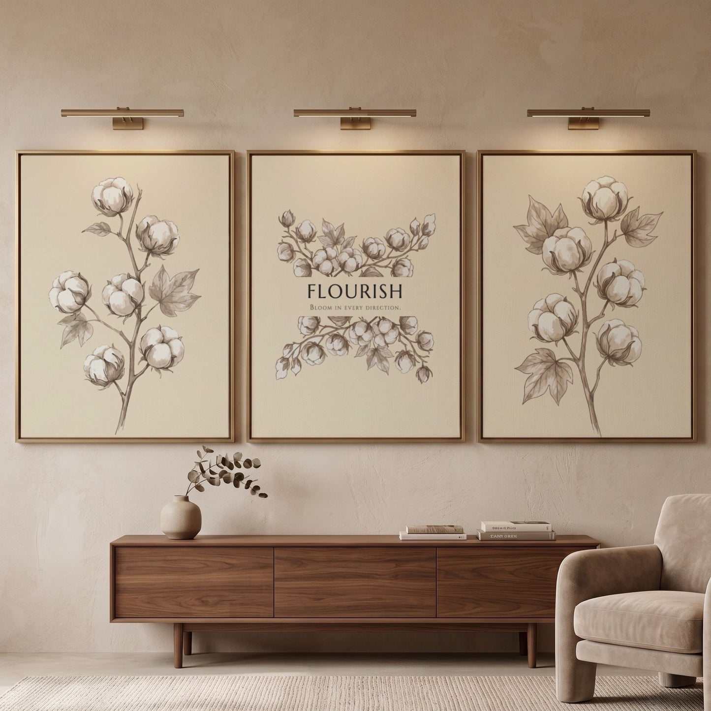 Poster set featuring delicate cotton bolls on a warm cream background with Flourish text