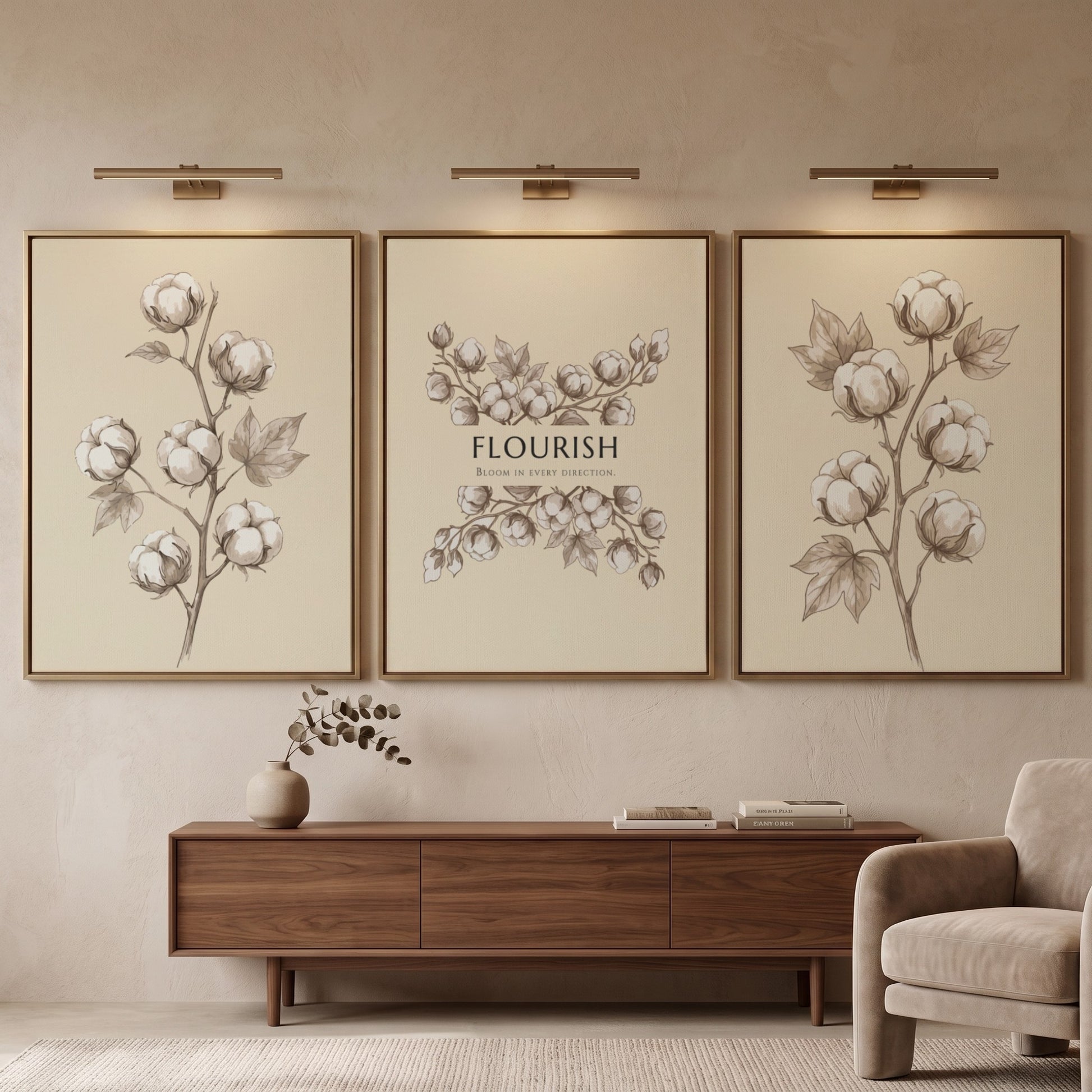 Poster set featuring delicate cotton bolls on a warm cream background with Flourish text