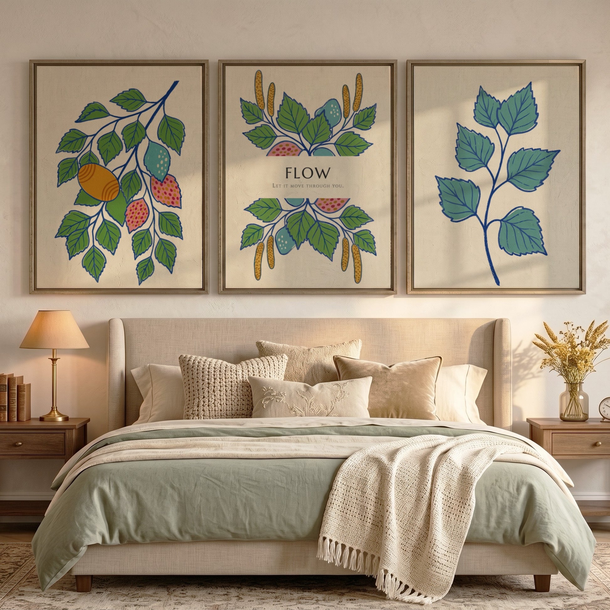 Poster triptych showing botanical branches, catkins, and fruit in green, blue, and orange.