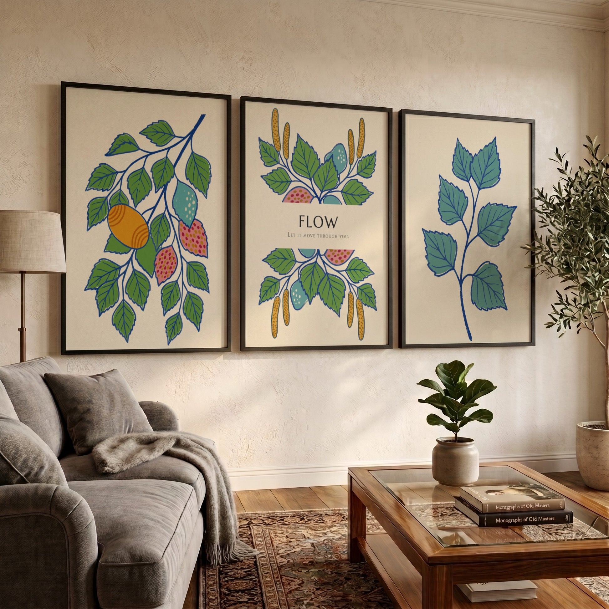 Poster triptych showing botanical branches, catkins, and fruit in green, blue, and orange.