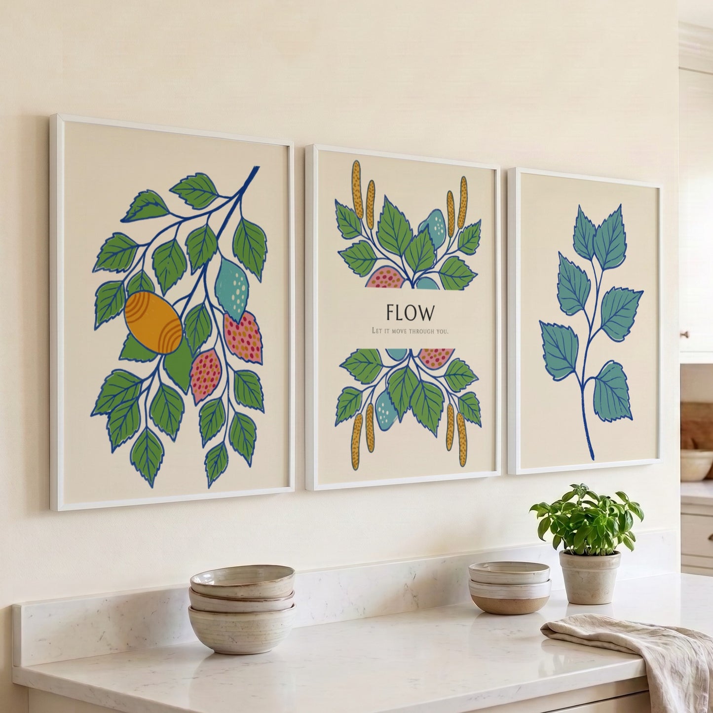 Poster triptych showing botanical branches, catkins, and fruit in green, blue, and orange.