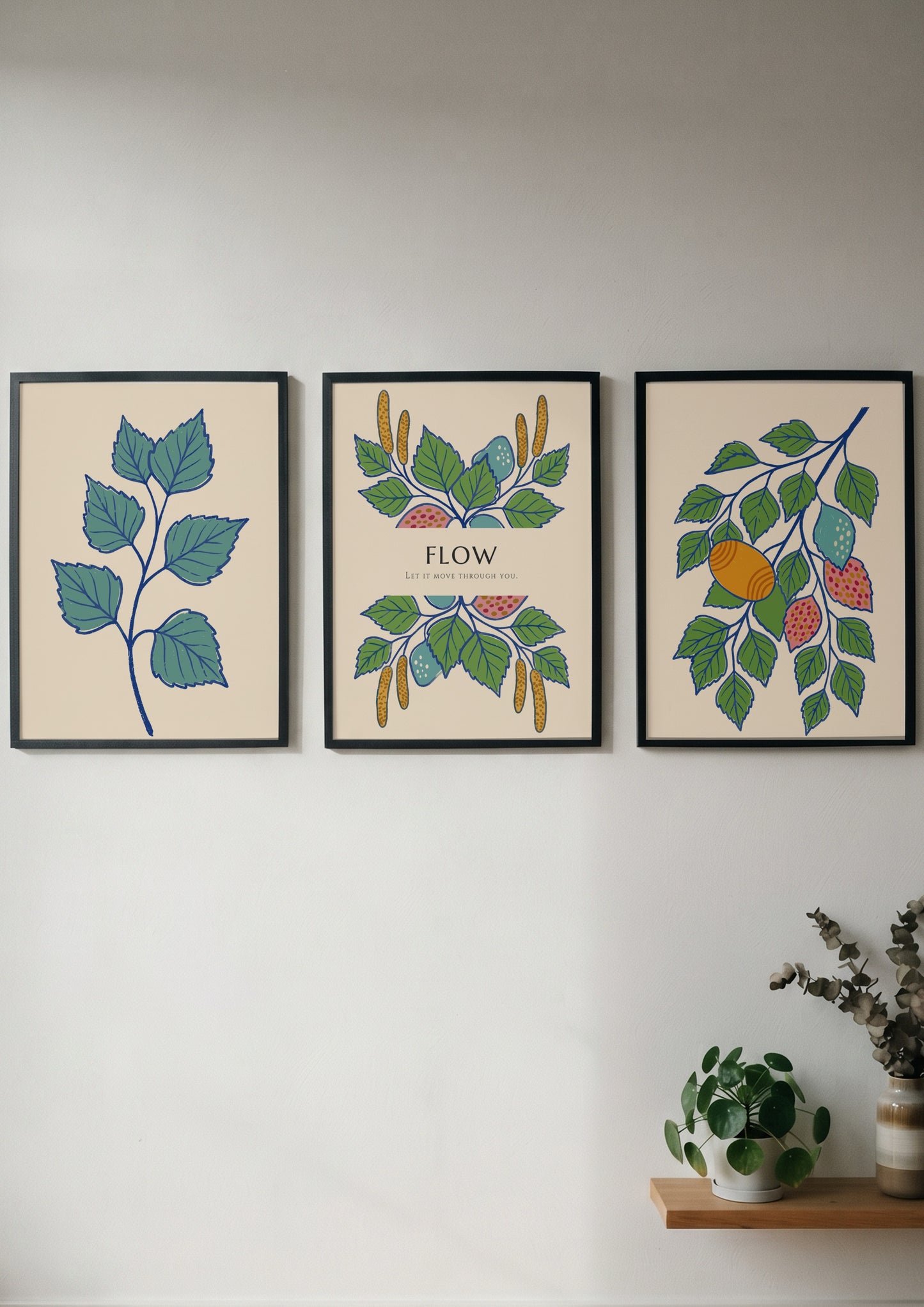 Poster triptych showing botanical branches, catkins, and fruit in green, blue, and orange.