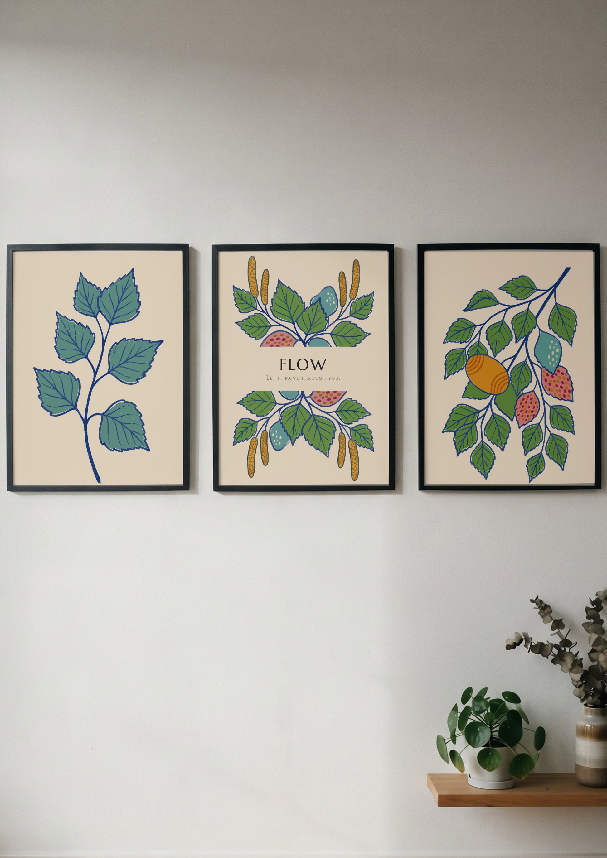 Poster triptych showing botanical branches, catkins, and fruit in green, blue, and orange.