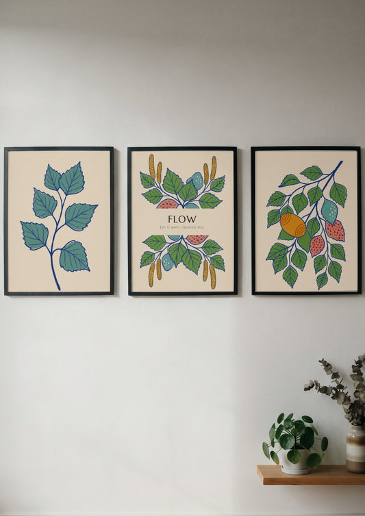 Poster triptych showing botanical branches, catkins, and fruit in green, blue, and orange.