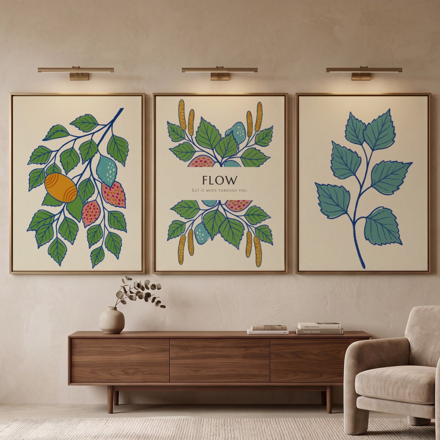 Poster triptych showing botanical branches, catkins, and fruit in green, blue, and orange.
