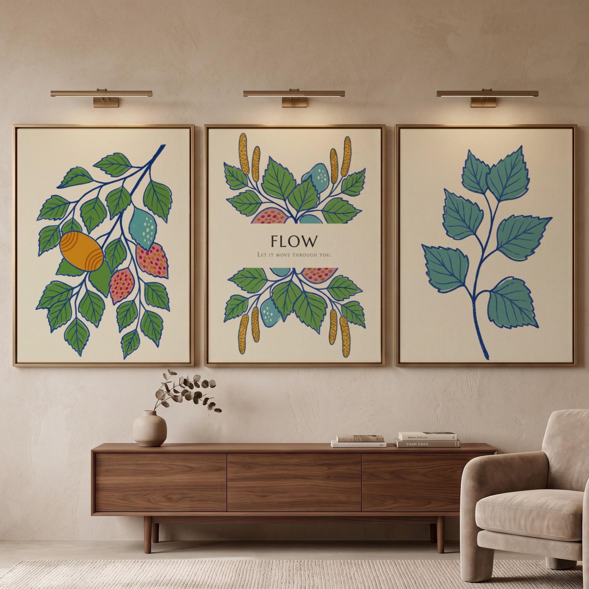 Poster triptych showing botanical branches, catkins, and fruit in green, blue, and orange.