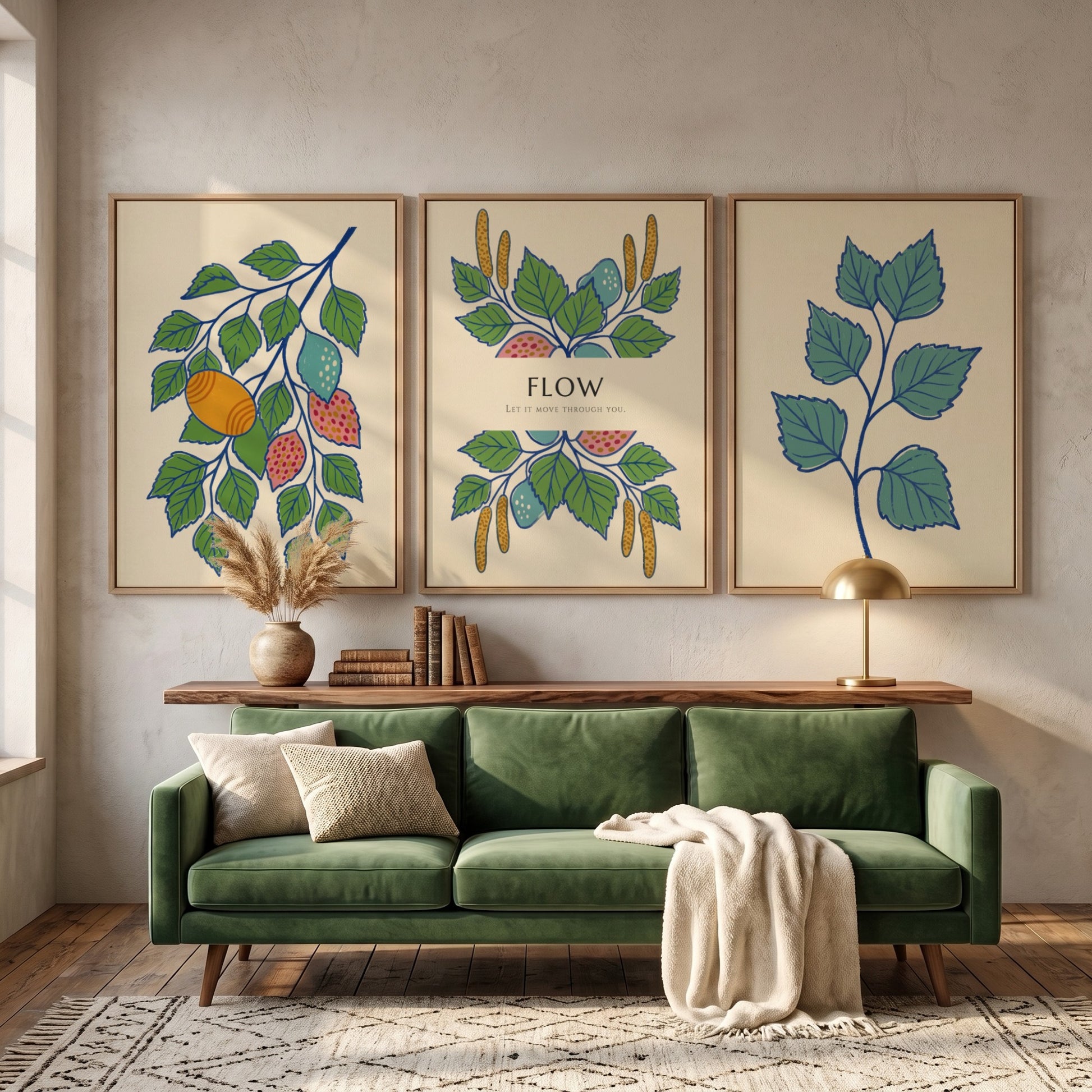 Poster triptych showing botanical branches, catkins, and fruit in green, blue, and orange.
