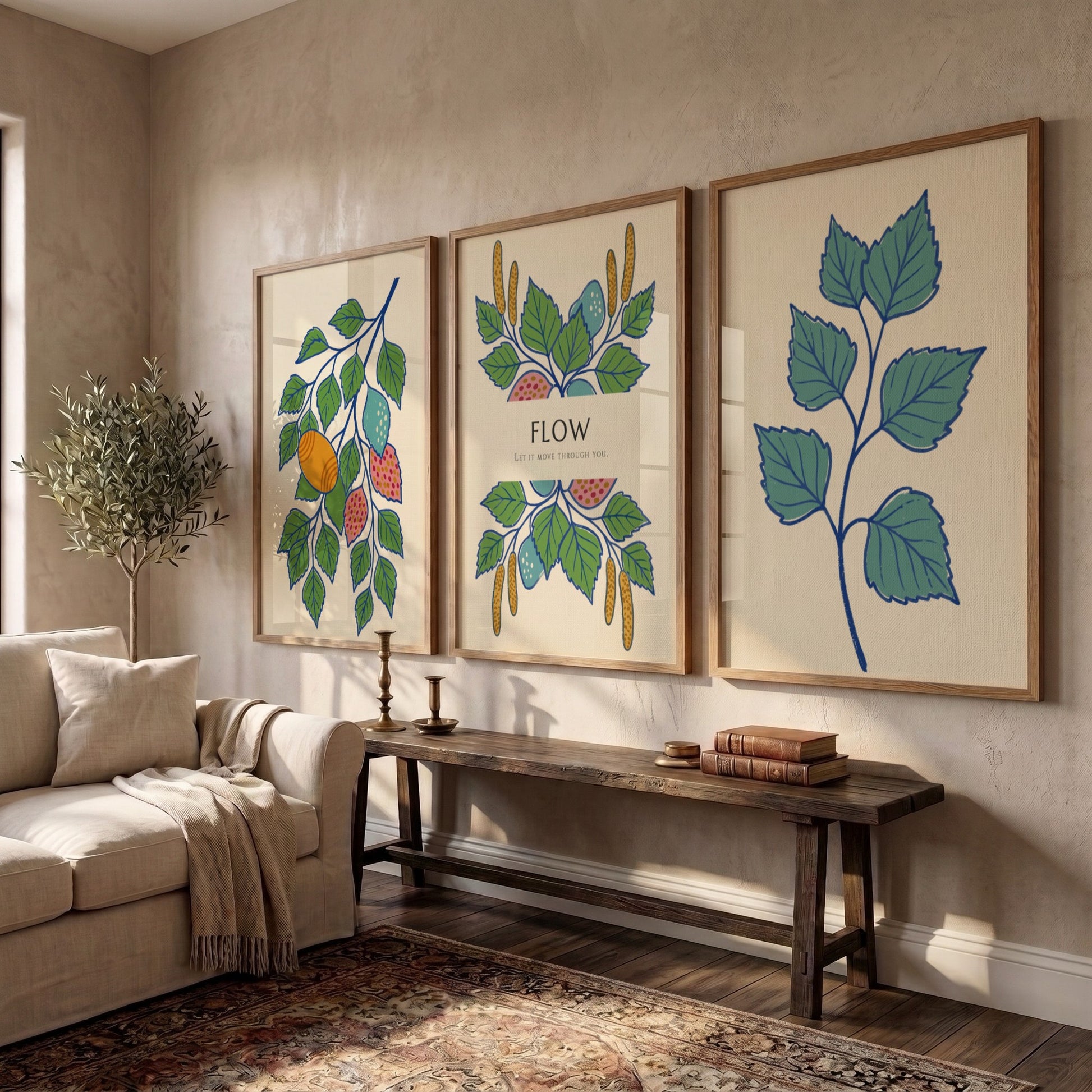 Poster triptych showing botanical branches, catkins, and fruit in green, blue, and orange.