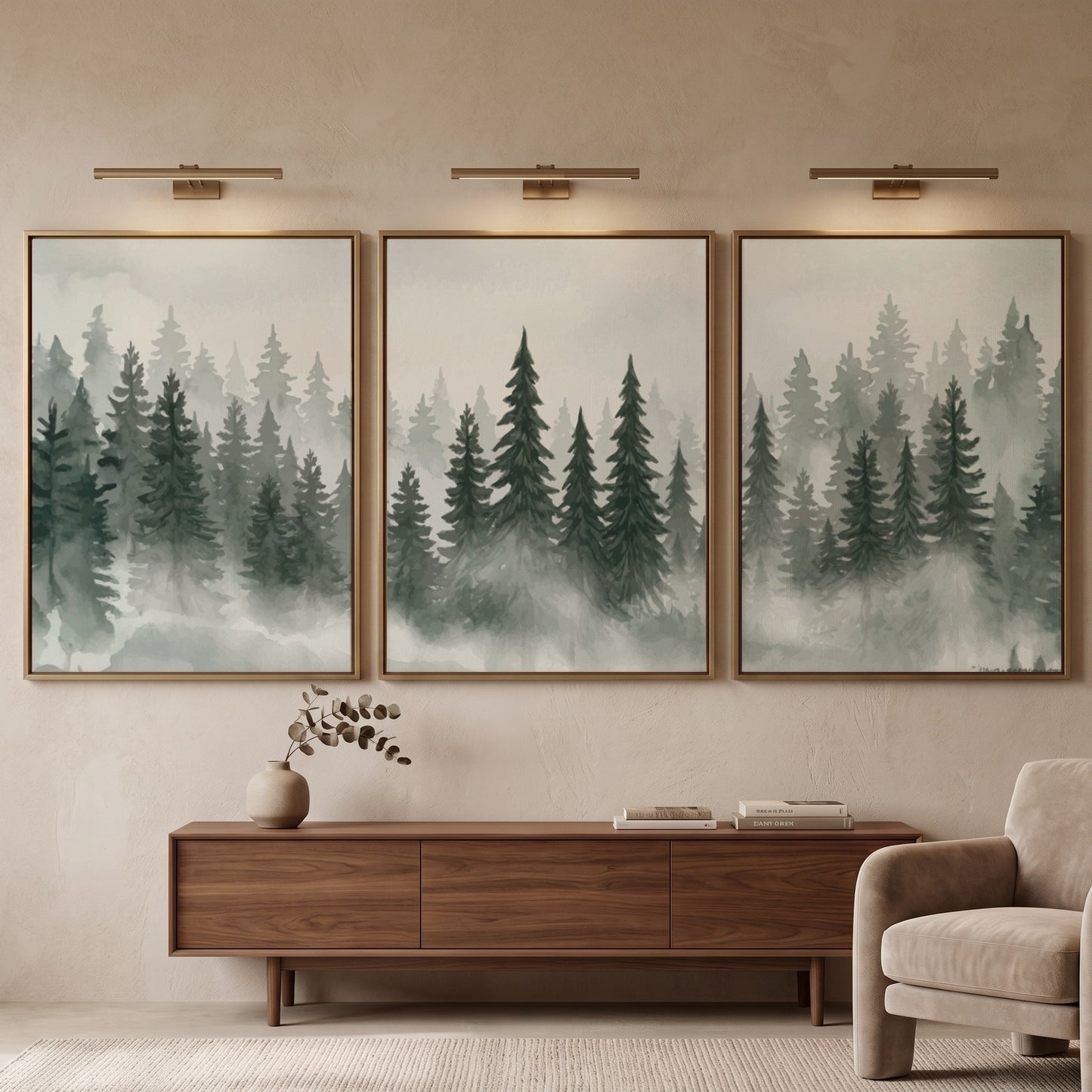 Three framed prints showing a misty pine forest in shades of green and grey