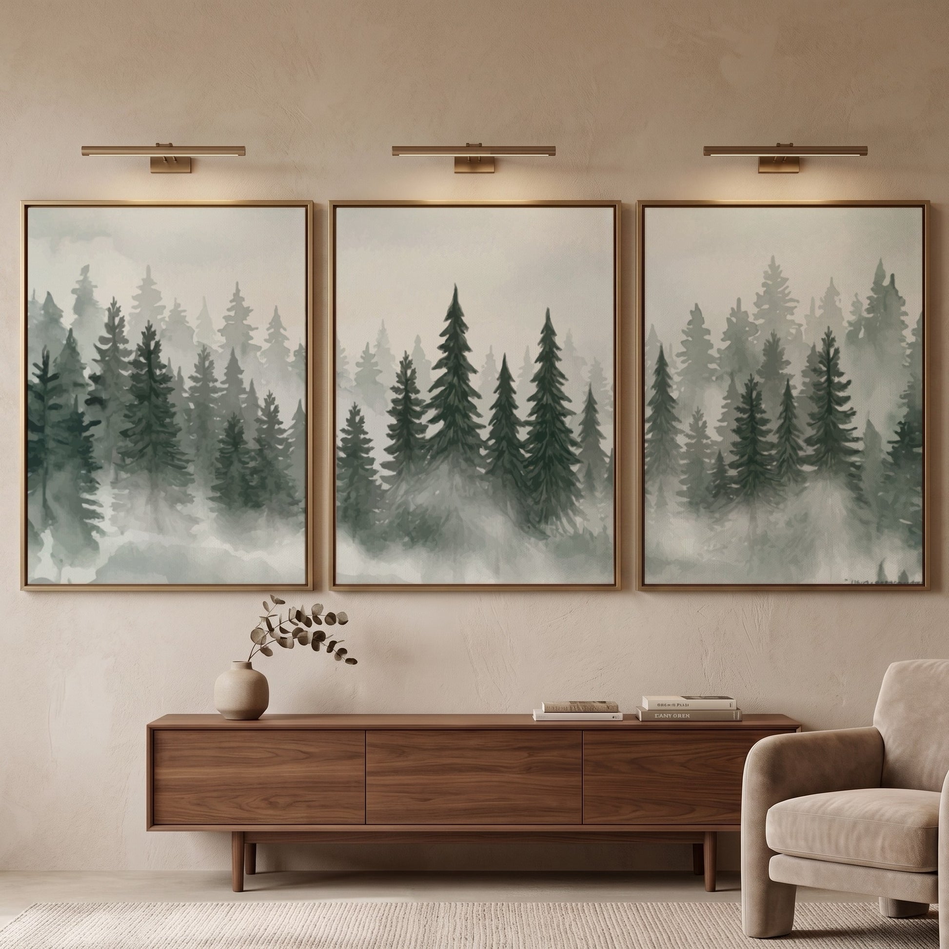 Three framed prints showing a misty pine forest in shades of green and grey