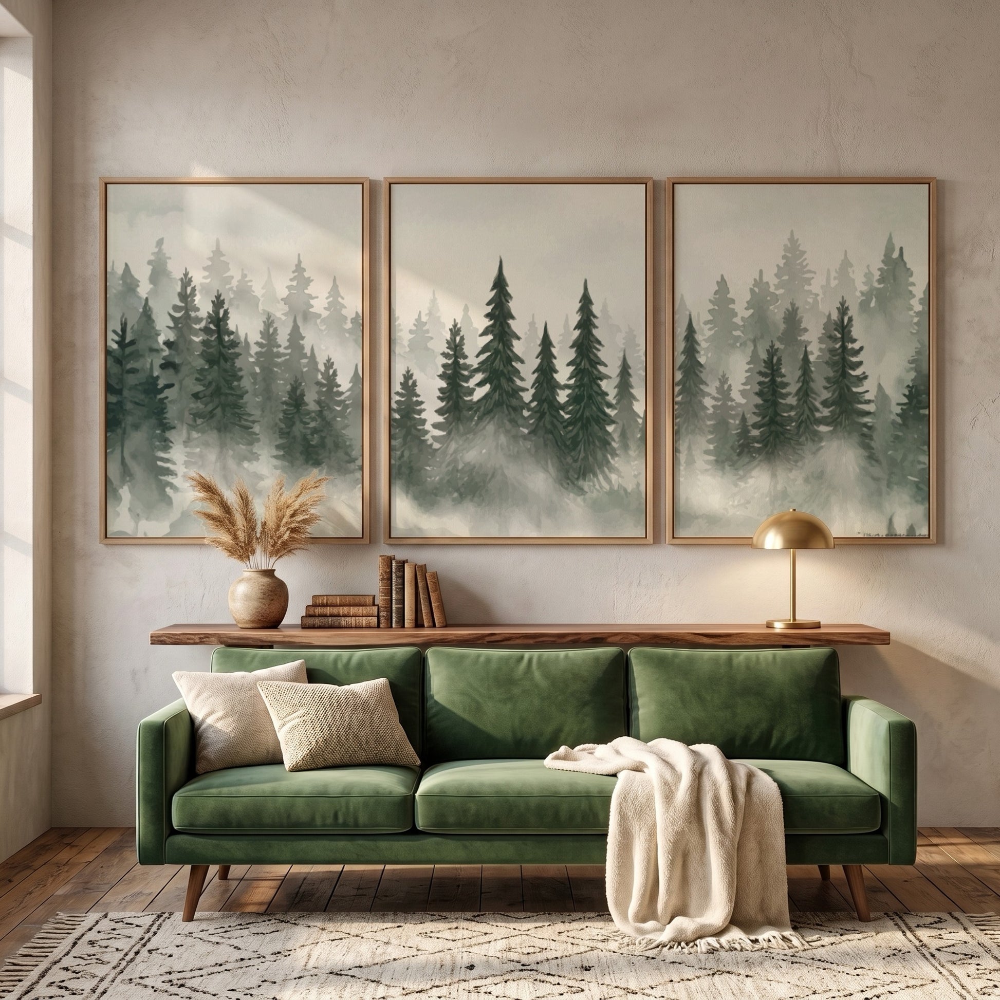 Three framed prints showing a misty pine forest in shades of green and grey
