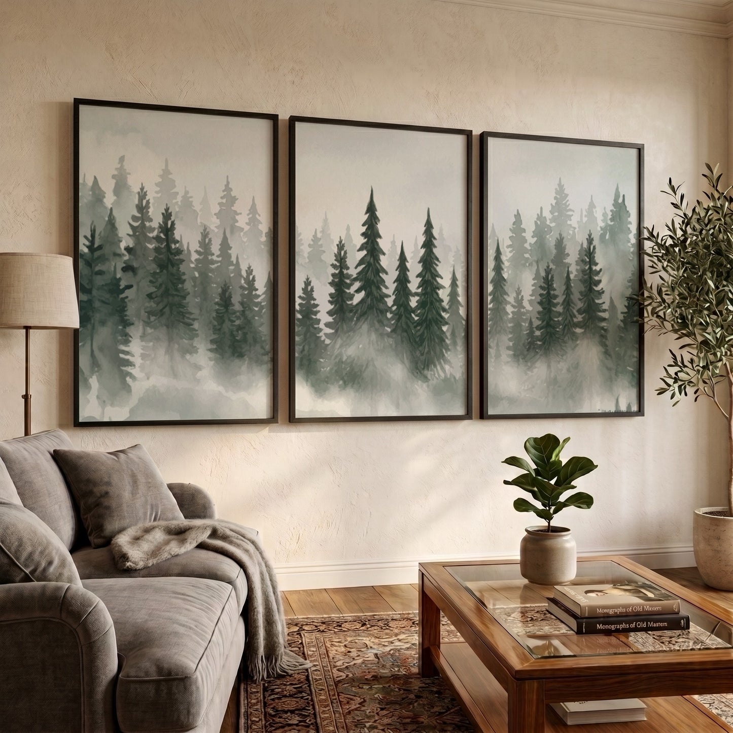 Three framed prints showing a misty pine forest in shades of green and grey