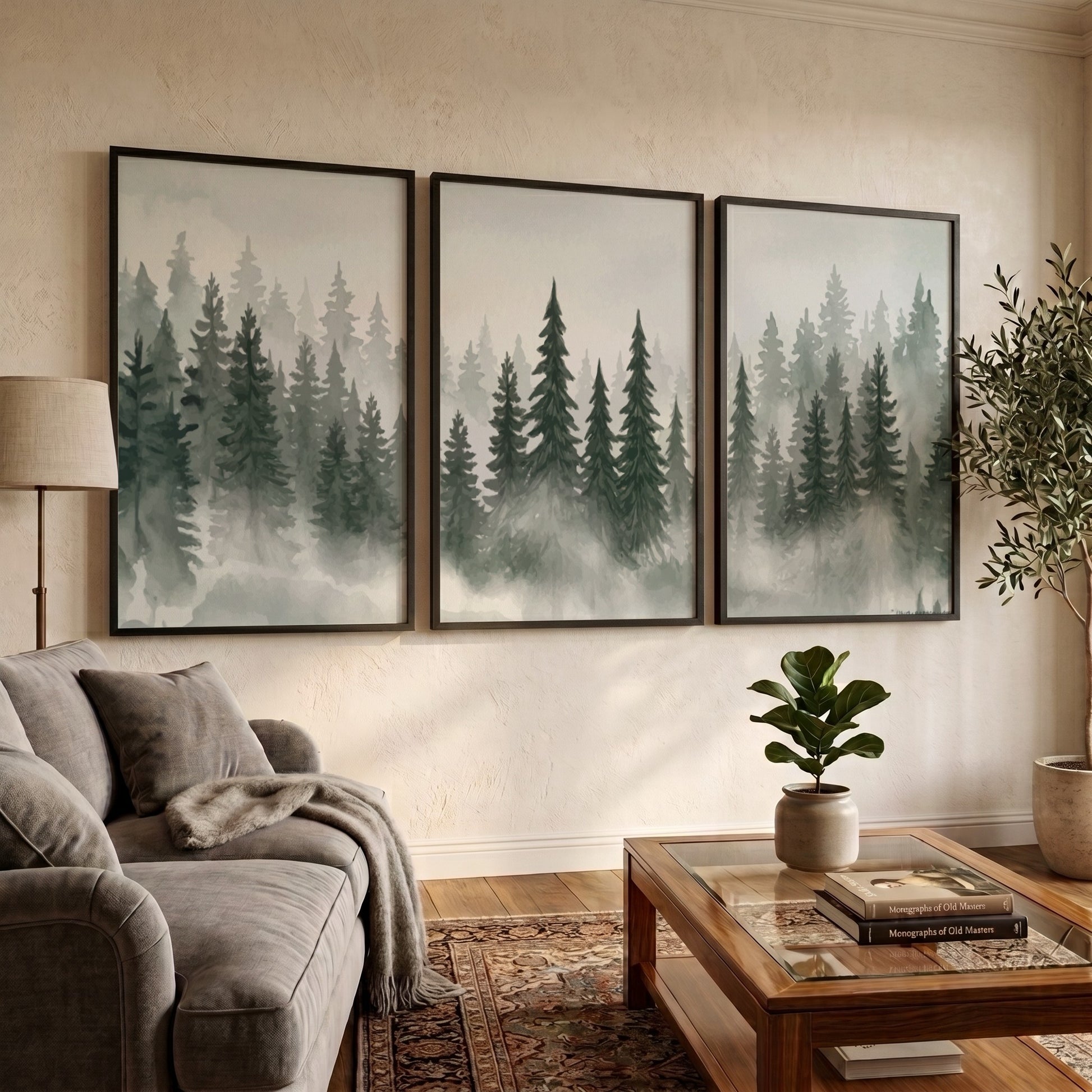 Three framed prints showing a misty pine forest in shades of green and grey