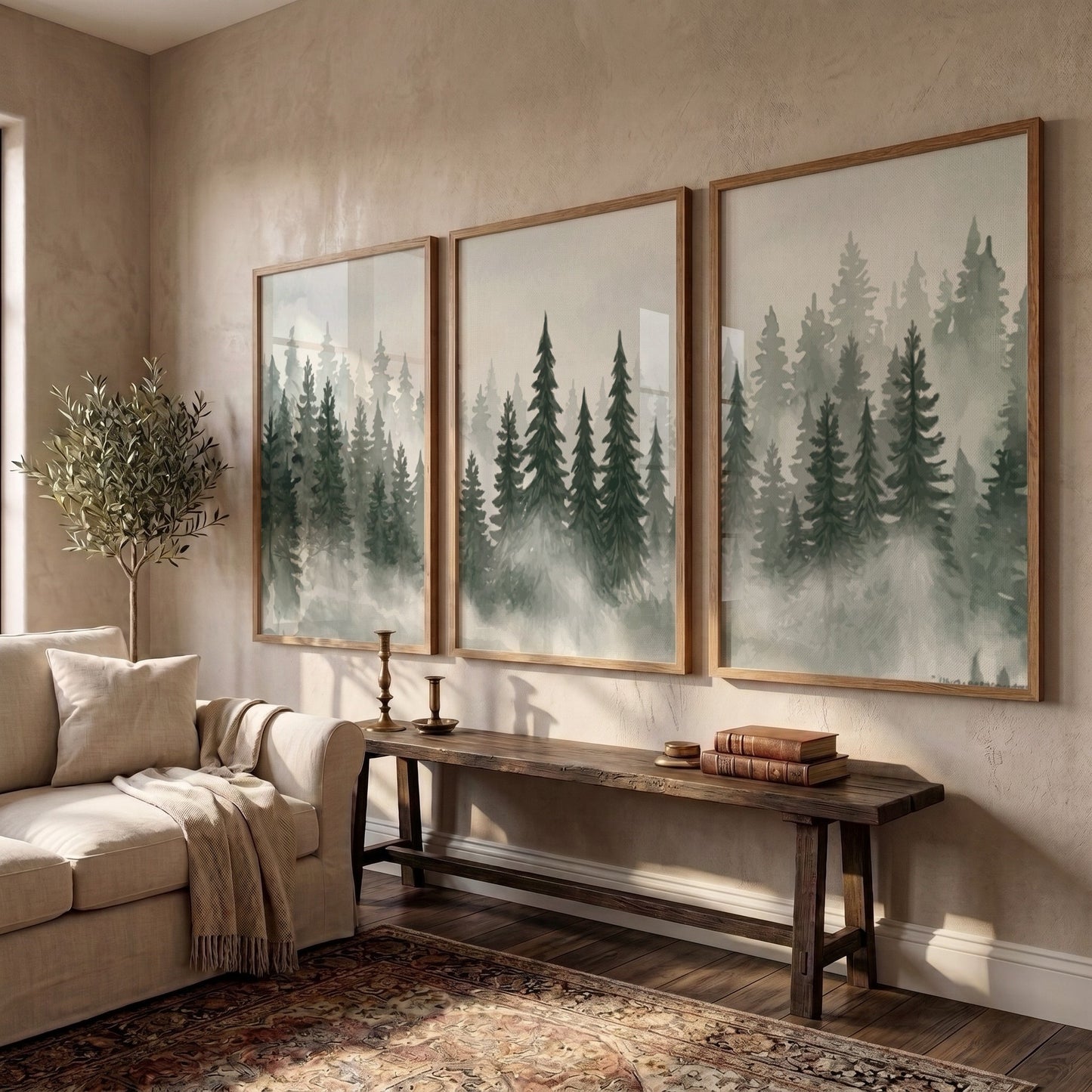 Three framed prints showing a misty pine forest in shades of green and grey