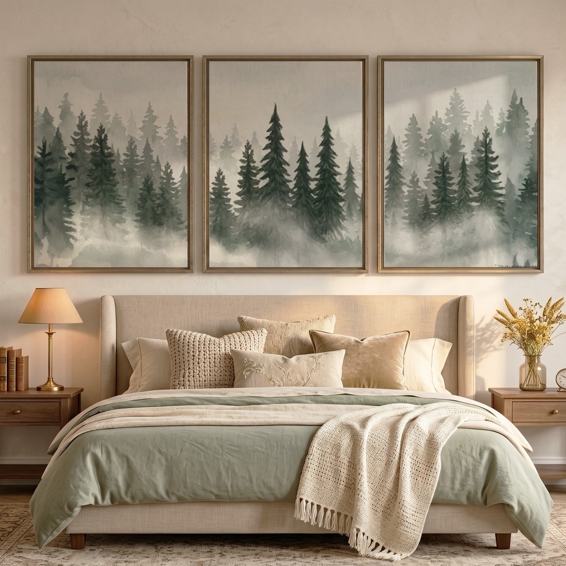 Three framed prints showing a misty pine forest in shades of green and grey