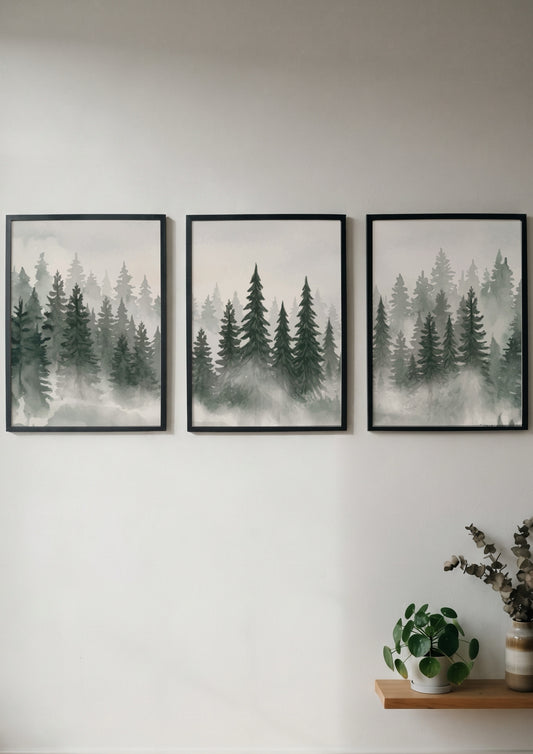 Three framed prints showing a misty pine forest in shades of green and grey