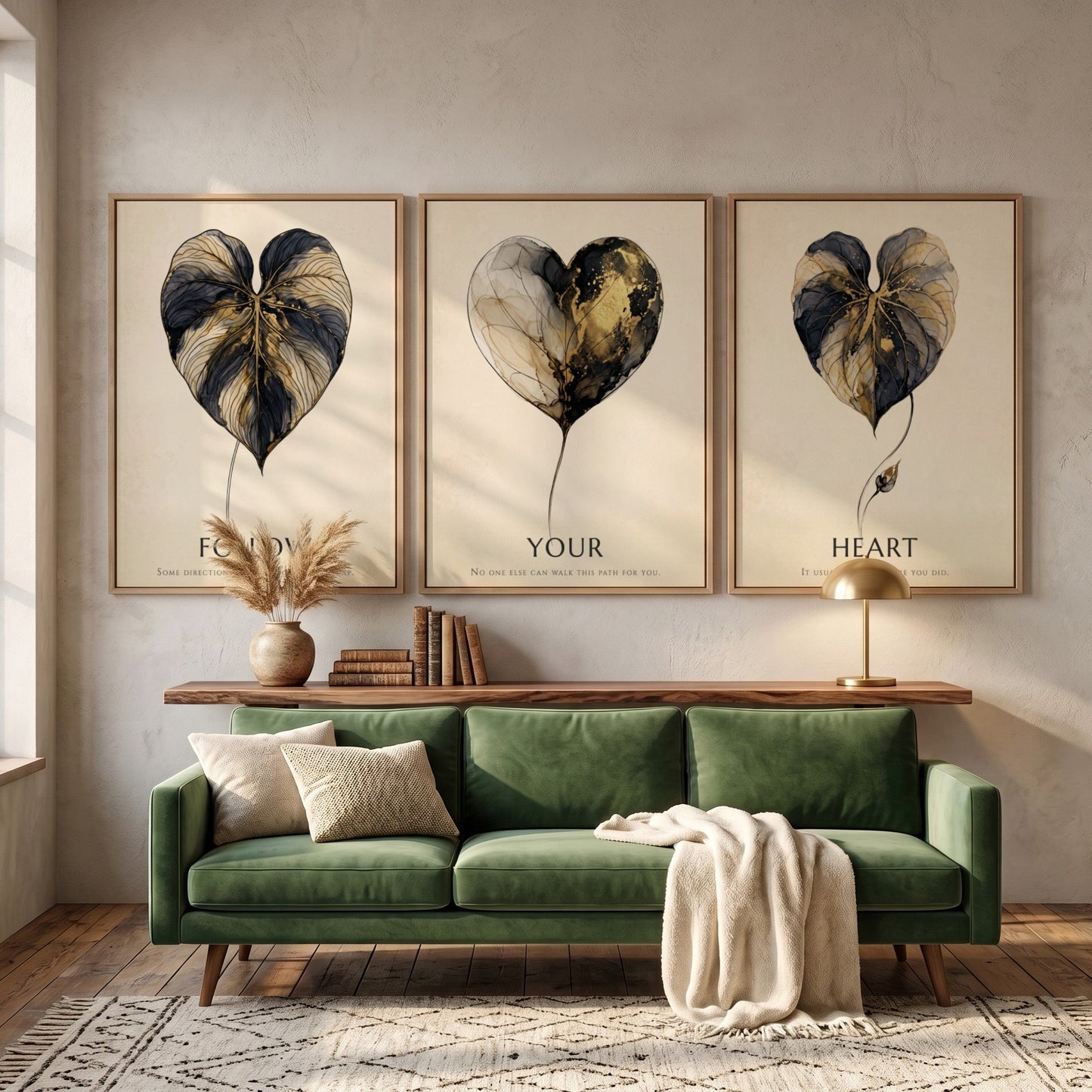 Poster triptych featuring golden leaf illustrations and the words Follow Your Heart minimalist