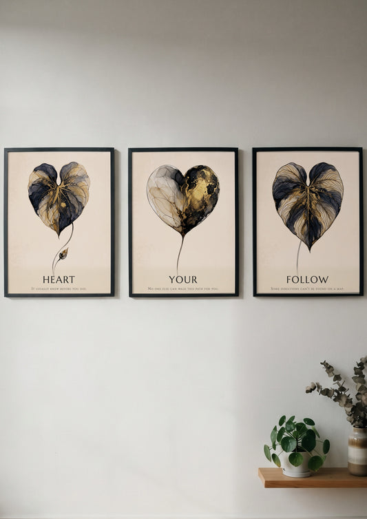 Poster triptych featuring golden leaf illustrations and the words Follow Your Heart minimalist