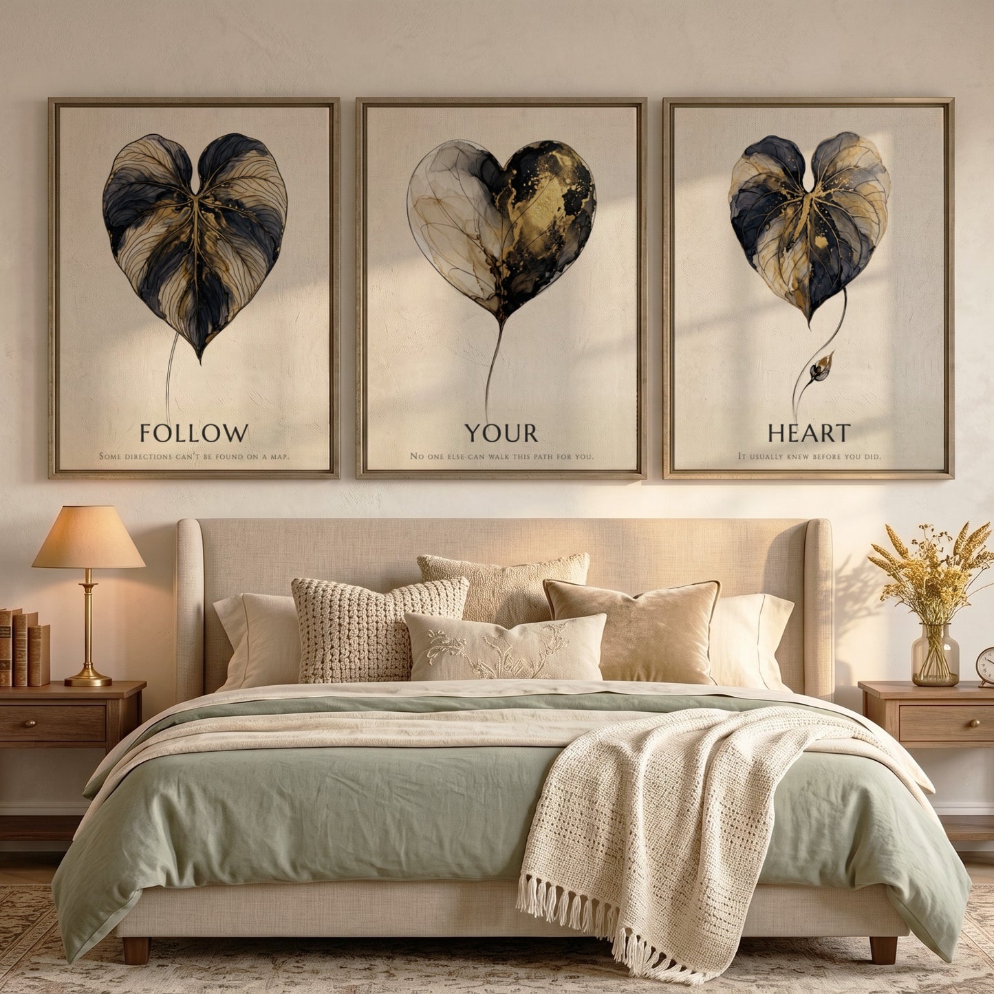 Poster triptych featuring golden leaf illustrations and the words Follow Your Heart minimalist
