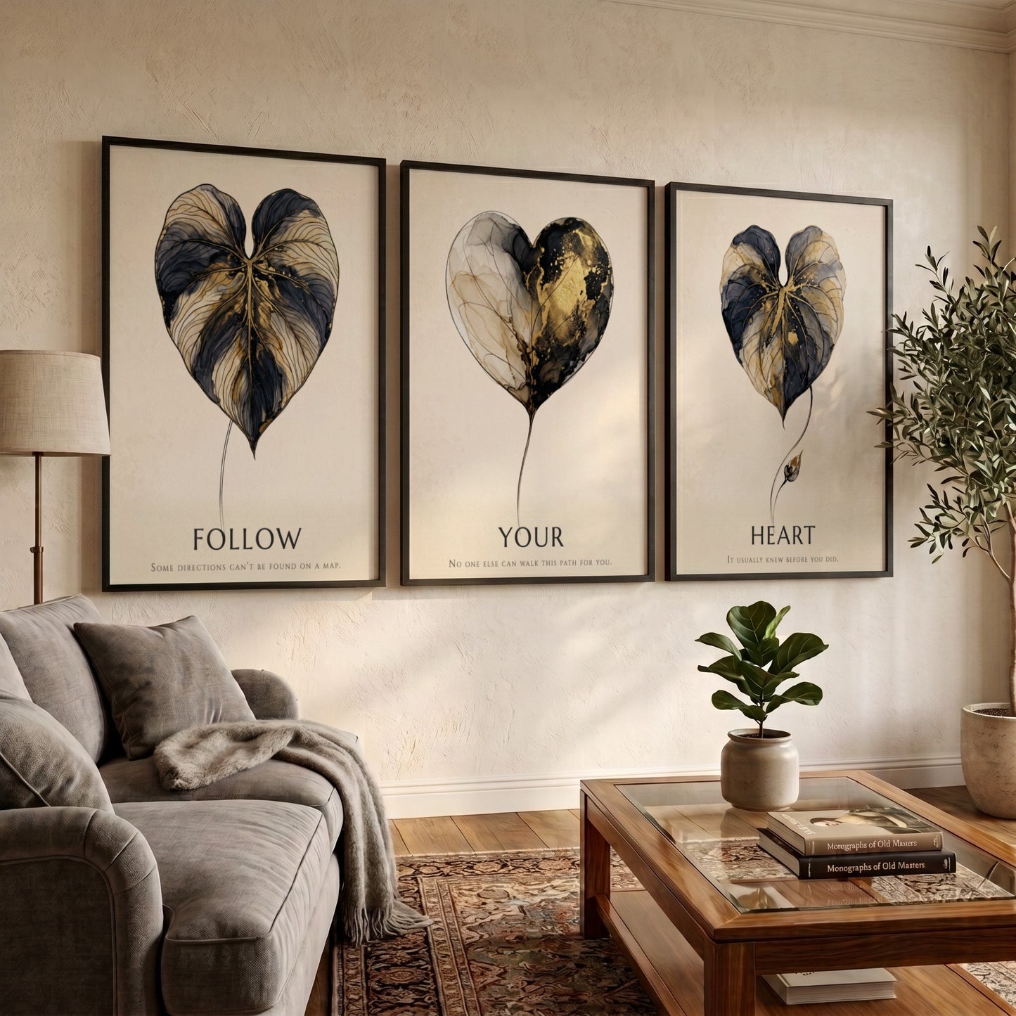 Poster triptych featuring golden leaf illustrations and the words Follow Your Heart minimalist