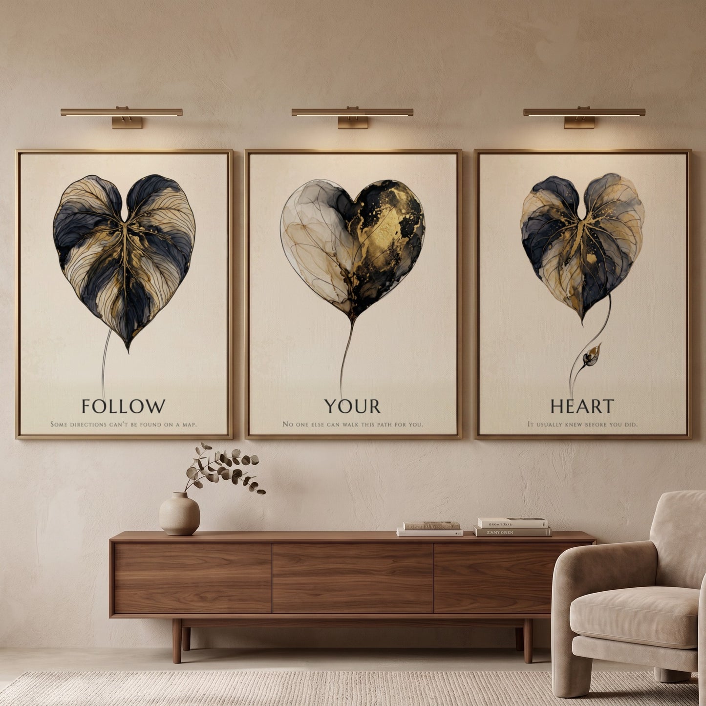 Poster triptych featuring golden leaf illustrations and the words Follow Your Heart minimalist