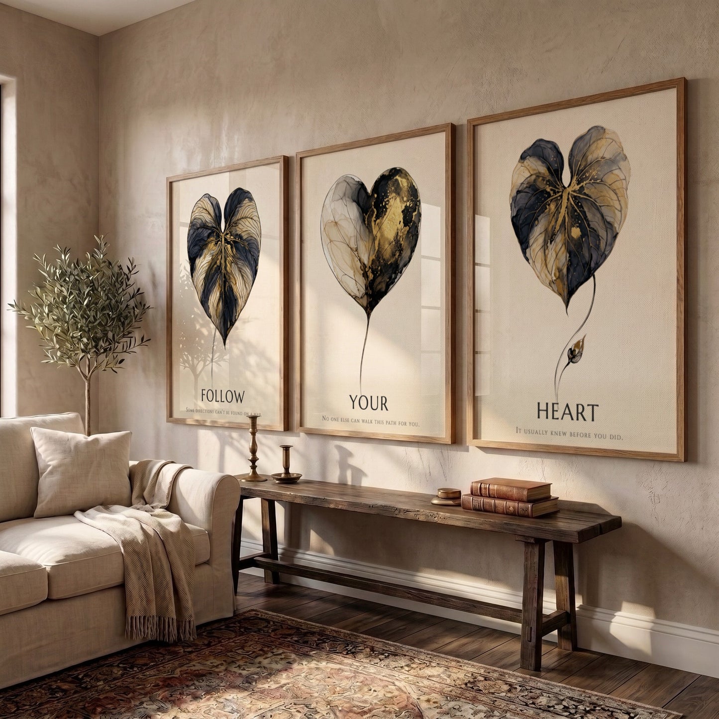 Poster triptych featuring golden leaf illustrations and the words Follow Your Heart minimalist