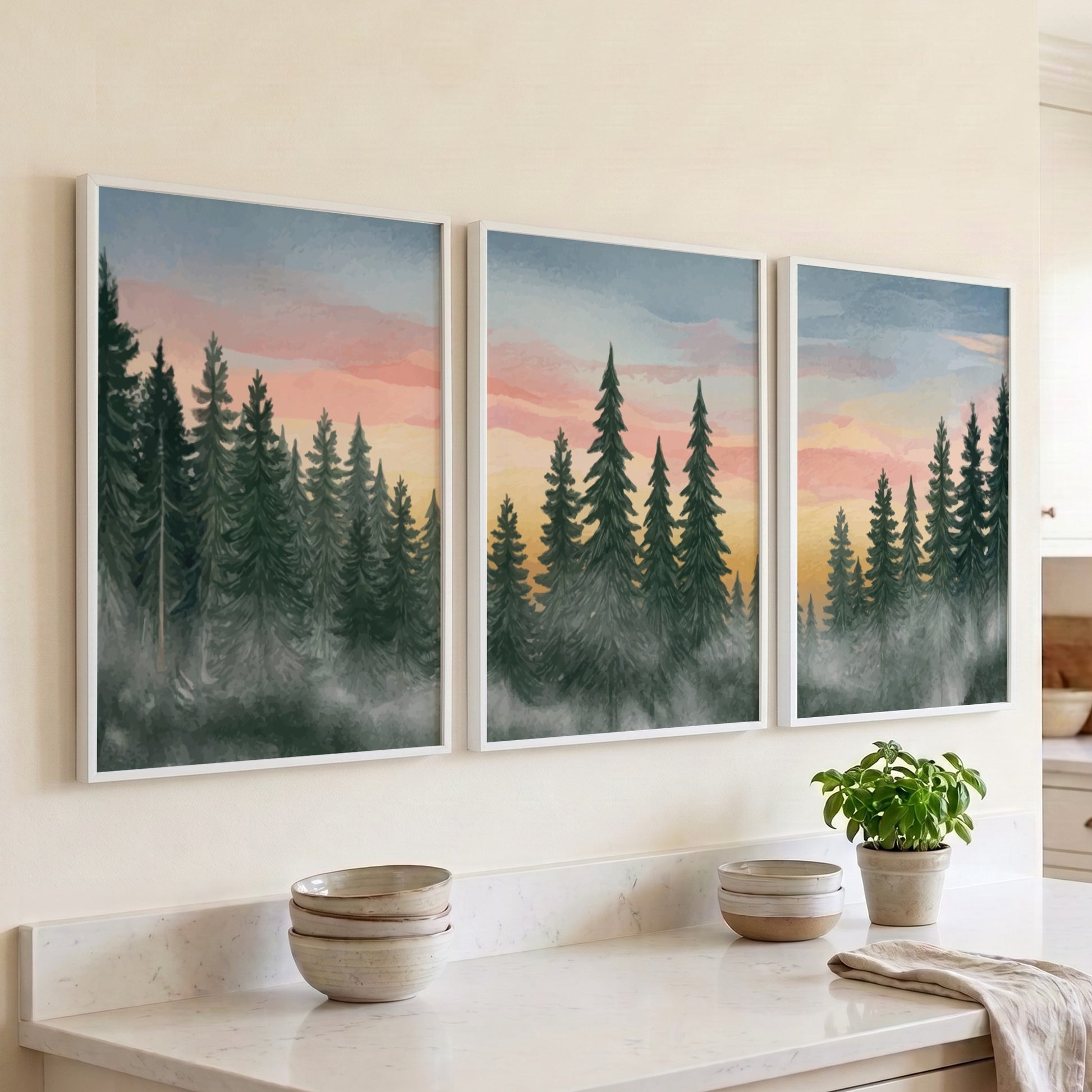 Triptych of pine forest landscape paintings featuring misty trees and soft sunset colours