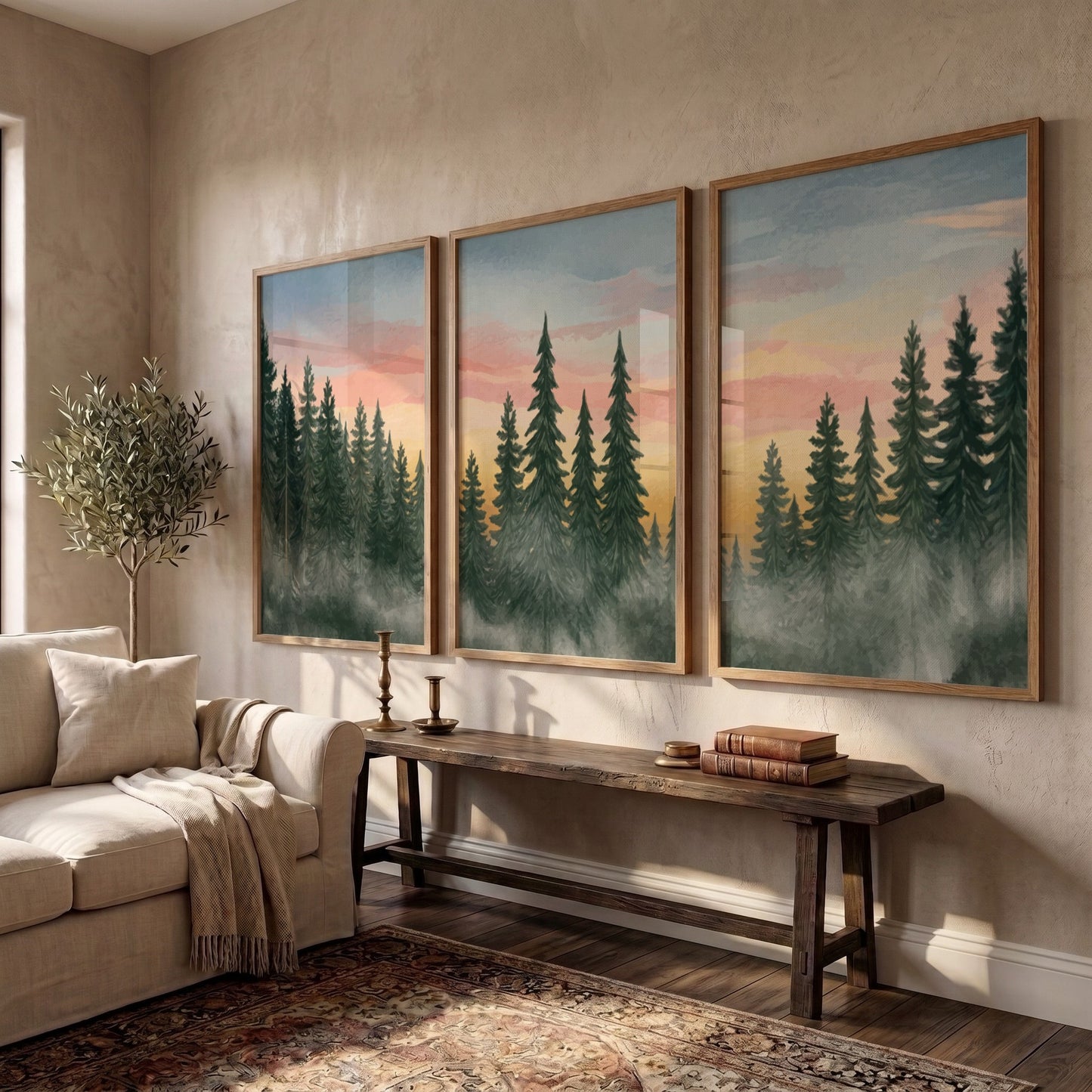 Triptych of pine forest landscape paintings featuring misty trees and soft sunset colours