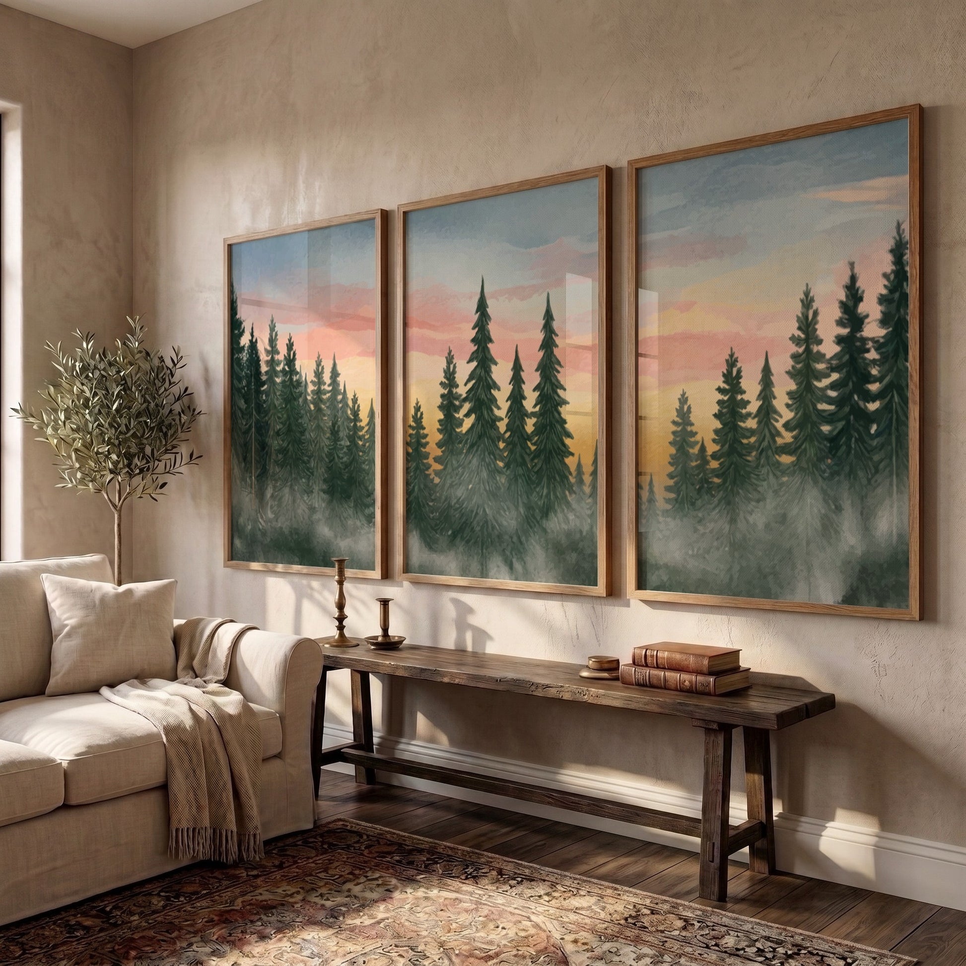 Triptych of pine forest landscape paintings featuring misty trees and soft sunset colours