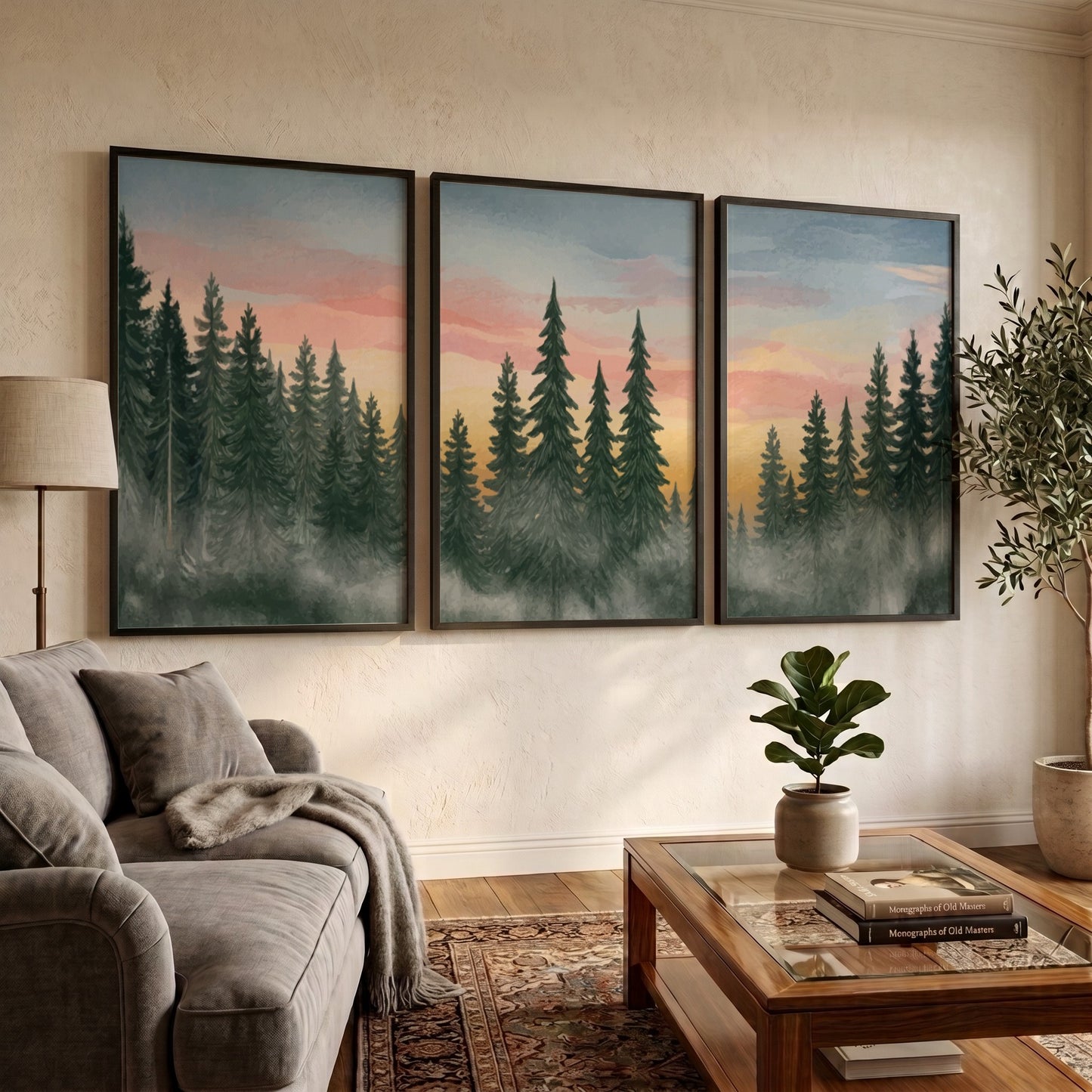 Triptych of pine forest landscape paintings featuring misty trees and soft sunset colours