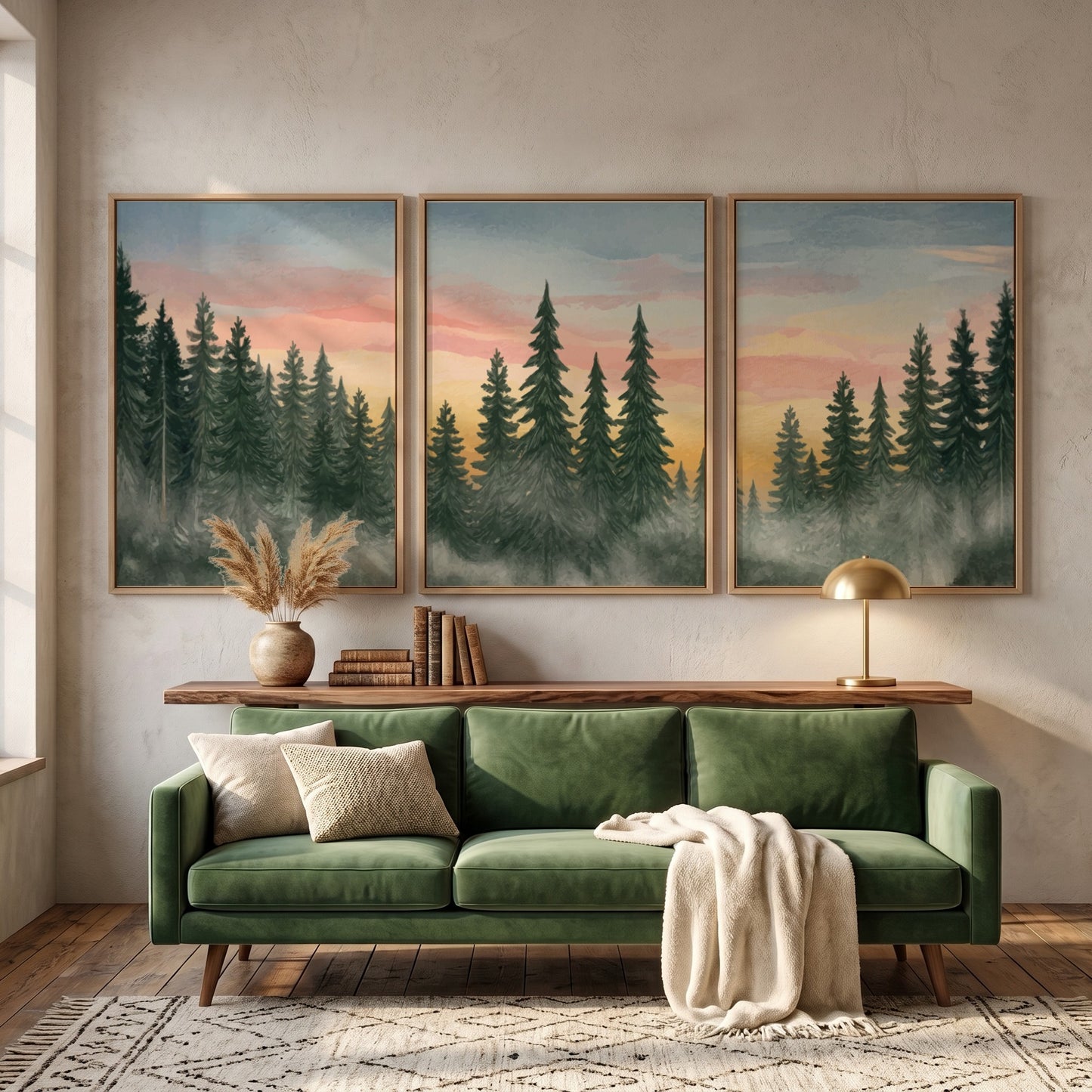 Triptych of pine forest landscape paintings featuring misty trees and soft sunset colours