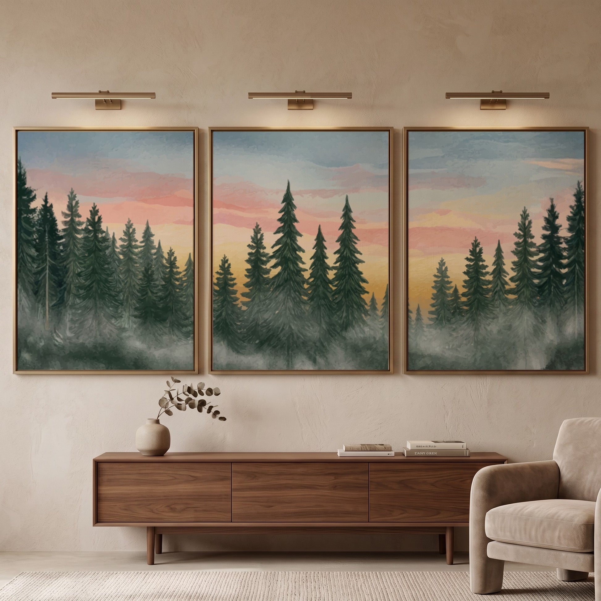 Triptych of pine forest landscape paintings featuring misty trees and soft sunset colours