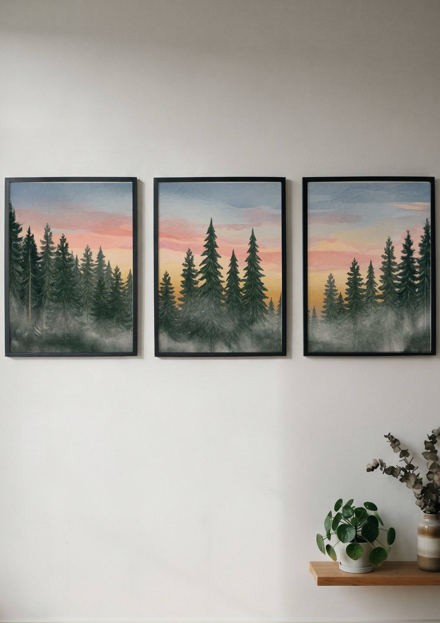 Triptych of pine forest landscape paintings featuring misty trees and soft sunset colours