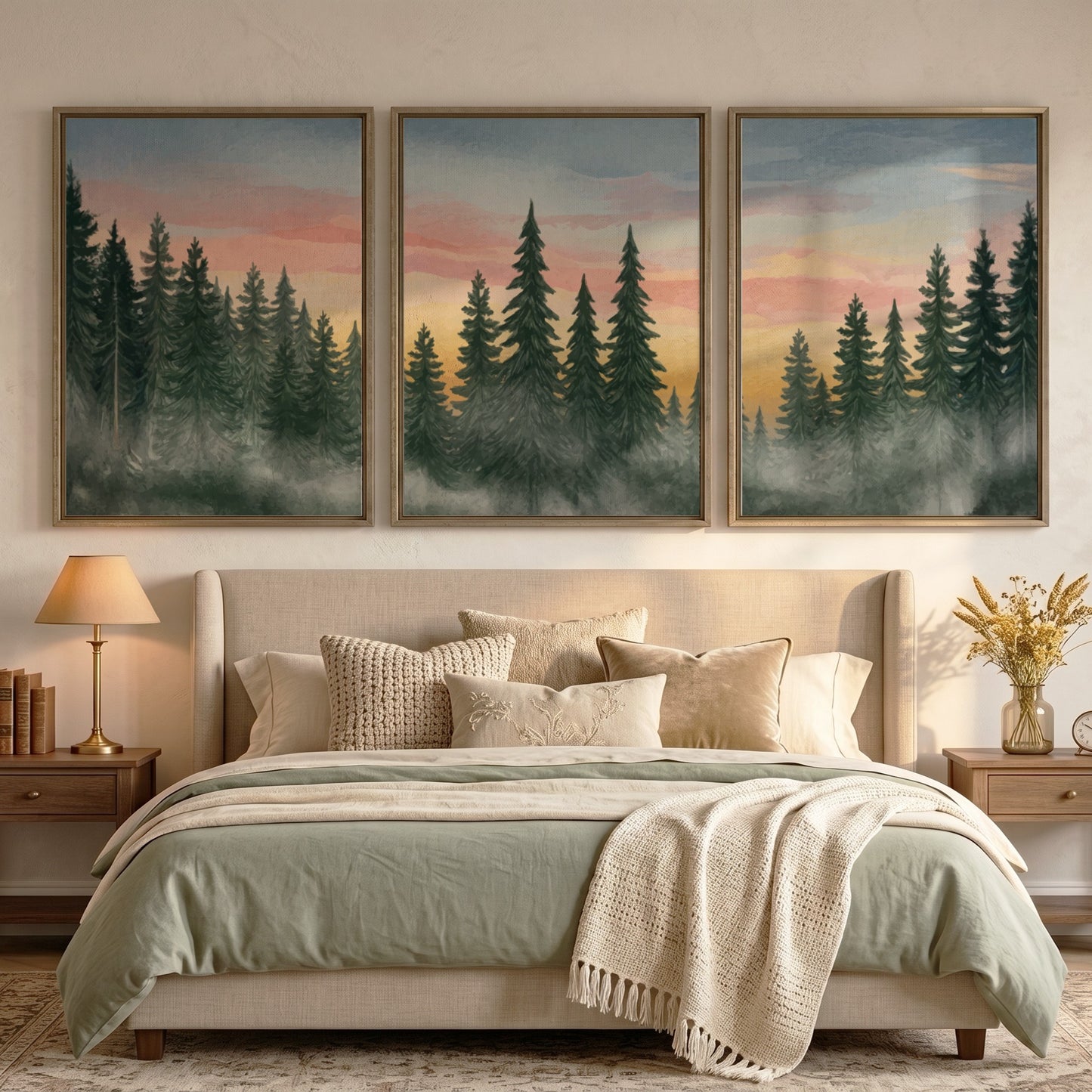 Triptych of pine forest landscape paintings featuring misty trees and soft sunset colours