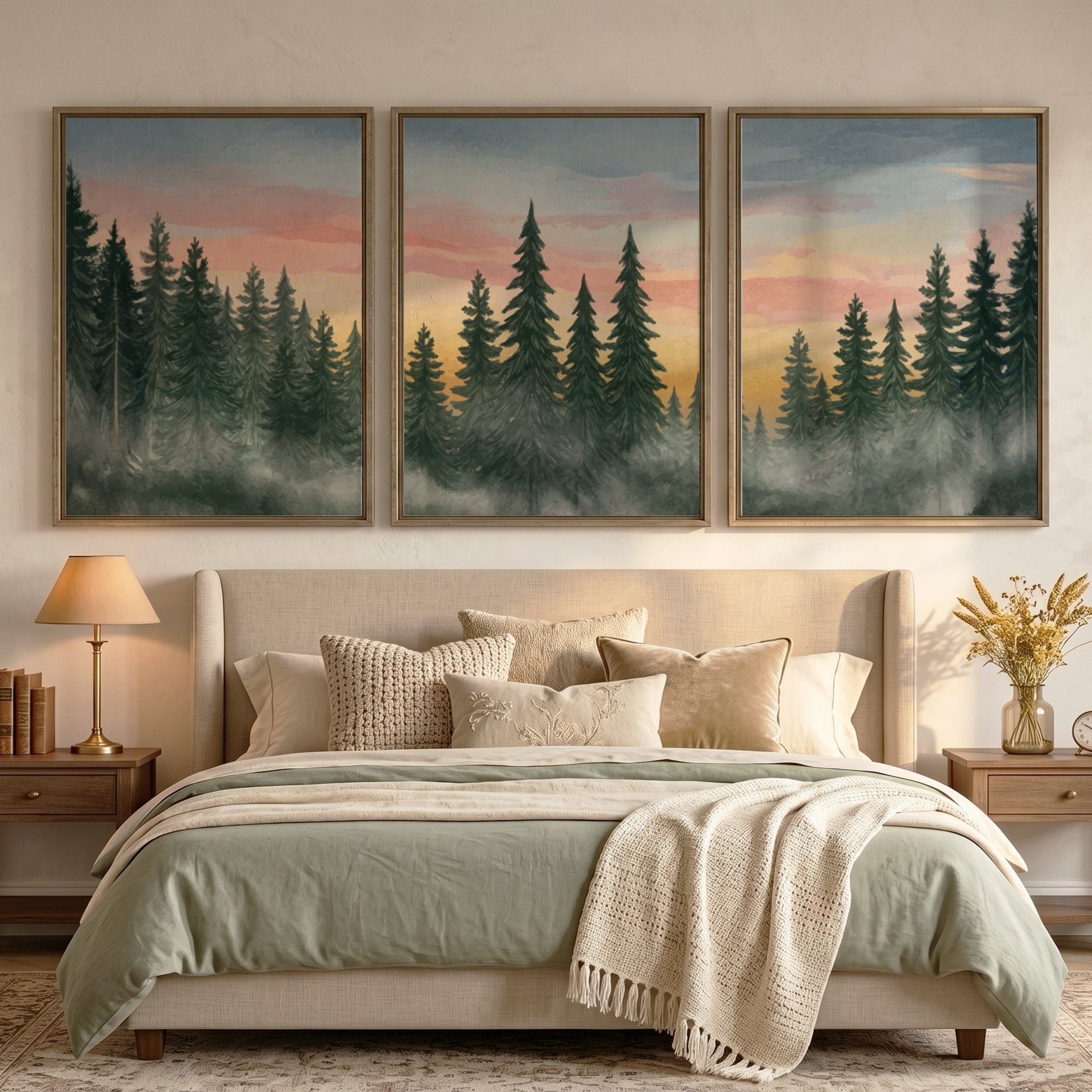 Triptych of pine forest landscape paintings featuring misty trees and soft sunset colours